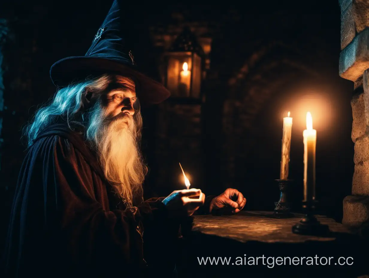 old bearded wizard with candle in dark medieval castle at night