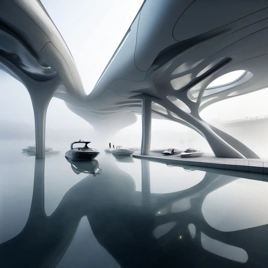 Ant view
Zaha hadid  one story interconnected buildings
Entrance for boats 
Fog rectangular island 