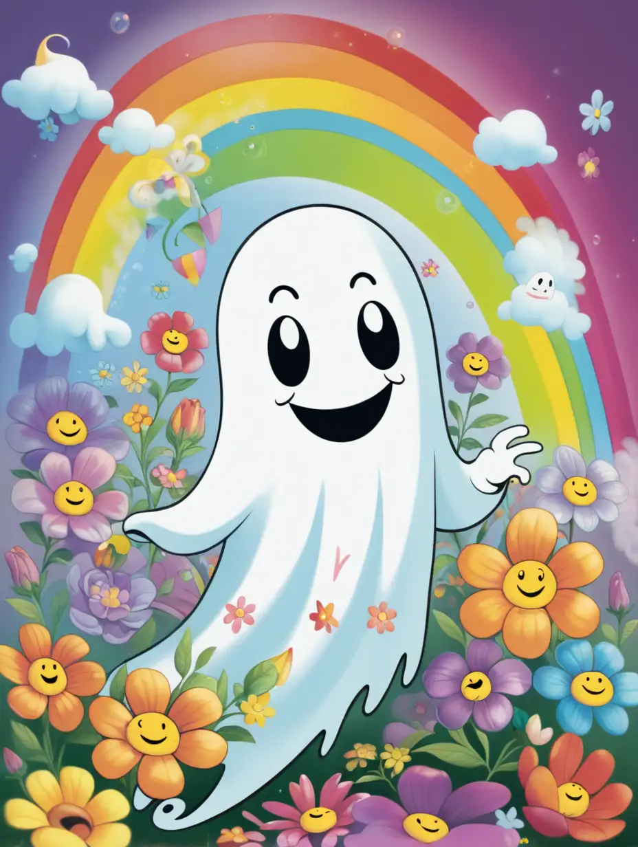 Cheerful Ghost Surrounded by Colorful Rainbows and Flowers