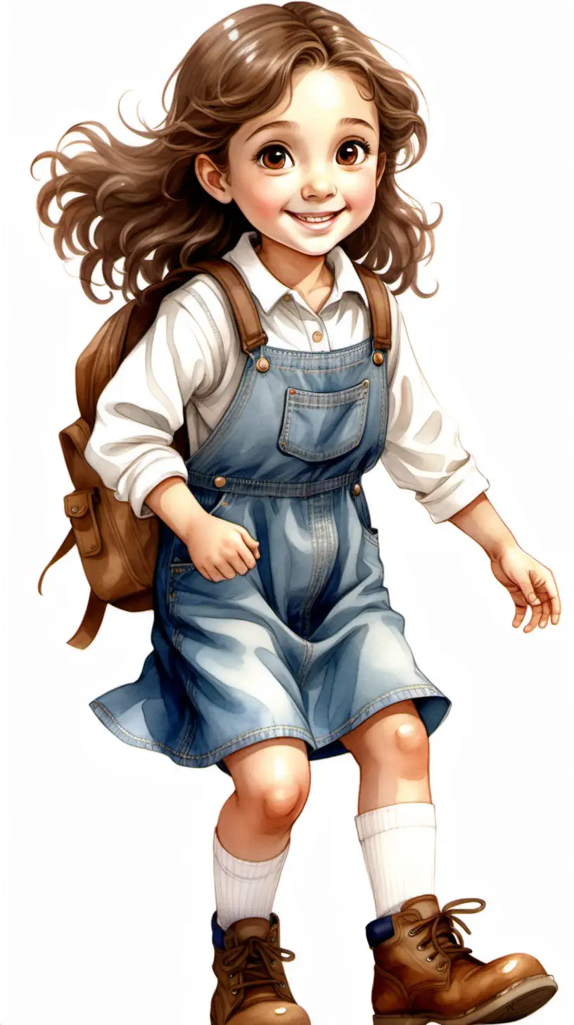 Do a character sheet of  character, walking, she is a 6 year old girl with brown eyes, with medium length wavy hair, brown eyes, exited and happy face, she is wearing a denim dress overall  and a white sweater with brown boots, white socks, she is caring a brown plain fabric backpack, brown backpack . Use watercolor style design, she is sitting down,walking motion