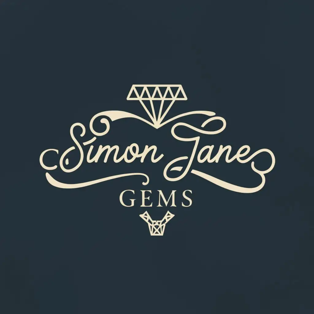 a logo design,with the text "simon jane gems, est 2016,
in cursive", main symbol:diamond, and loupe,complex,clear background