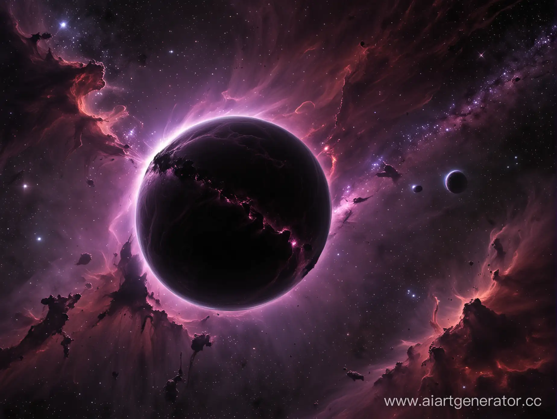 Огромный черно-фиолетовый шар размером с планету влетает в огромную непроглядную черную туманность, в темных тонах.