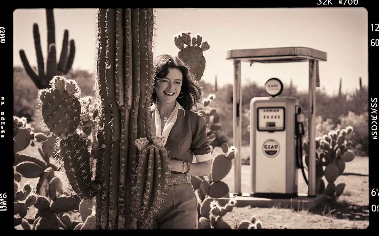 Woman-by-Flowering-Cactuses-in-Western-Landscape-Vintage-80s-Film-Camera-Photo