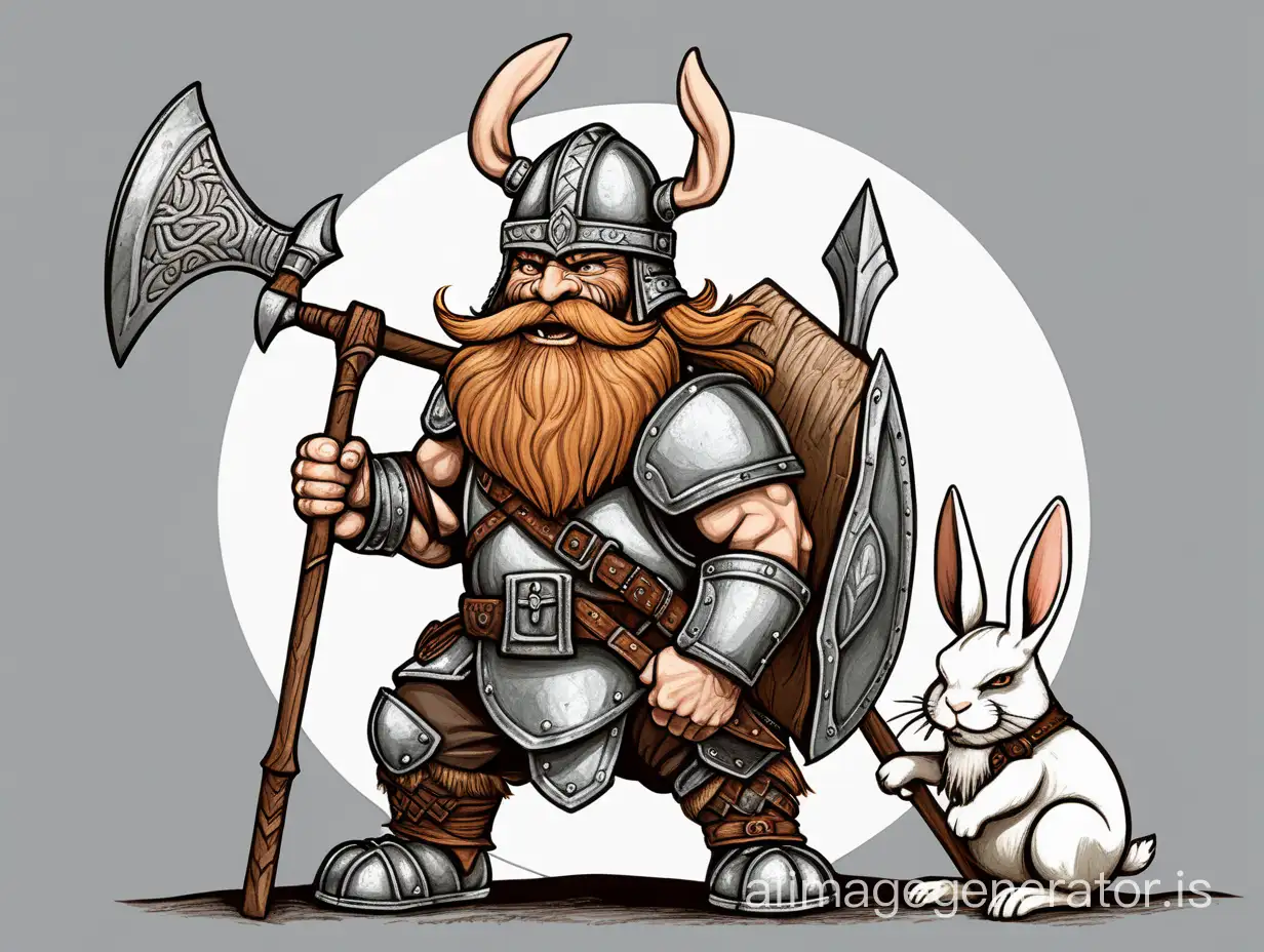 evil dwarf with Viking helmet and spear riding on grey armored rabbit, colored fine illustration