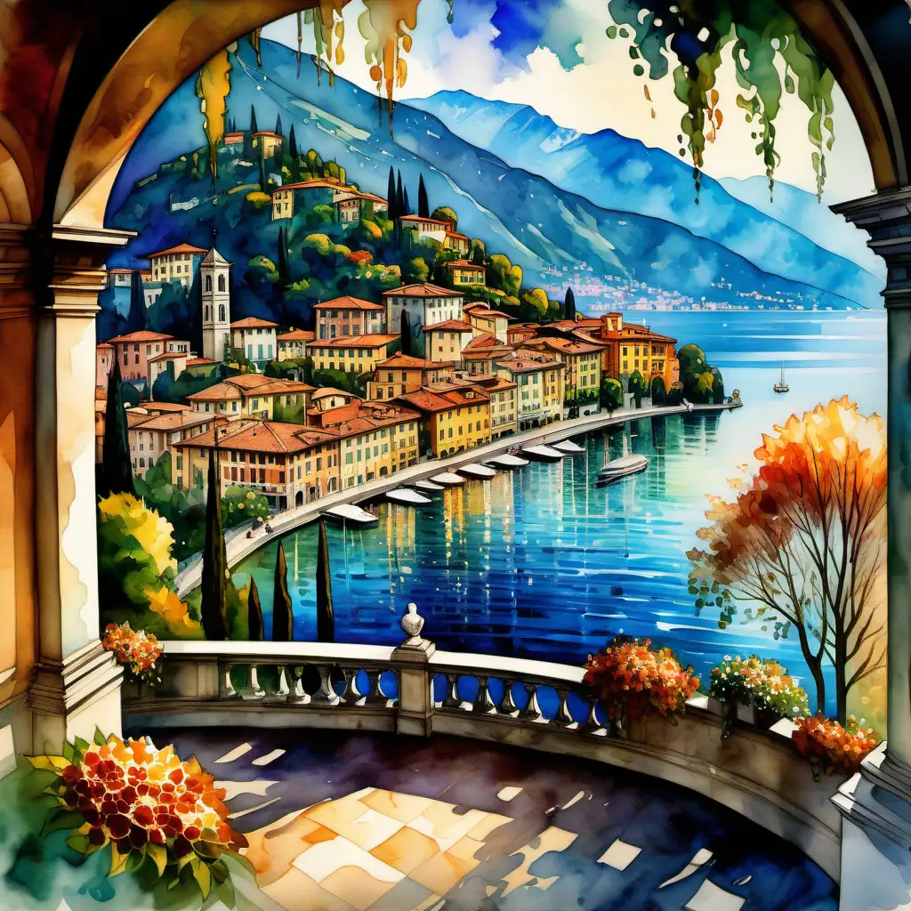 Spectacular View of Lake Como Inspired by Alphonse Mucha and Leonid Afremov Watercolor Painting with Intricate Details