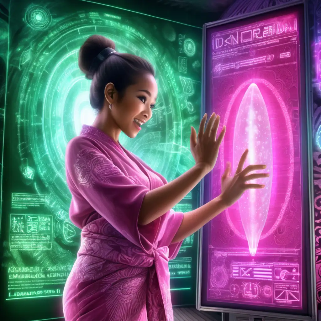 Excited slim beautiful Indonesian woman with cock bun and huge breasts wrapped in energy batik material, touching a screen, mystical unknown text glowing green, AI materialising in a huge vertical tube glowing, transparent pink electronic goo, dim, slight pink, spaceship laboratory, making a project of a woman 