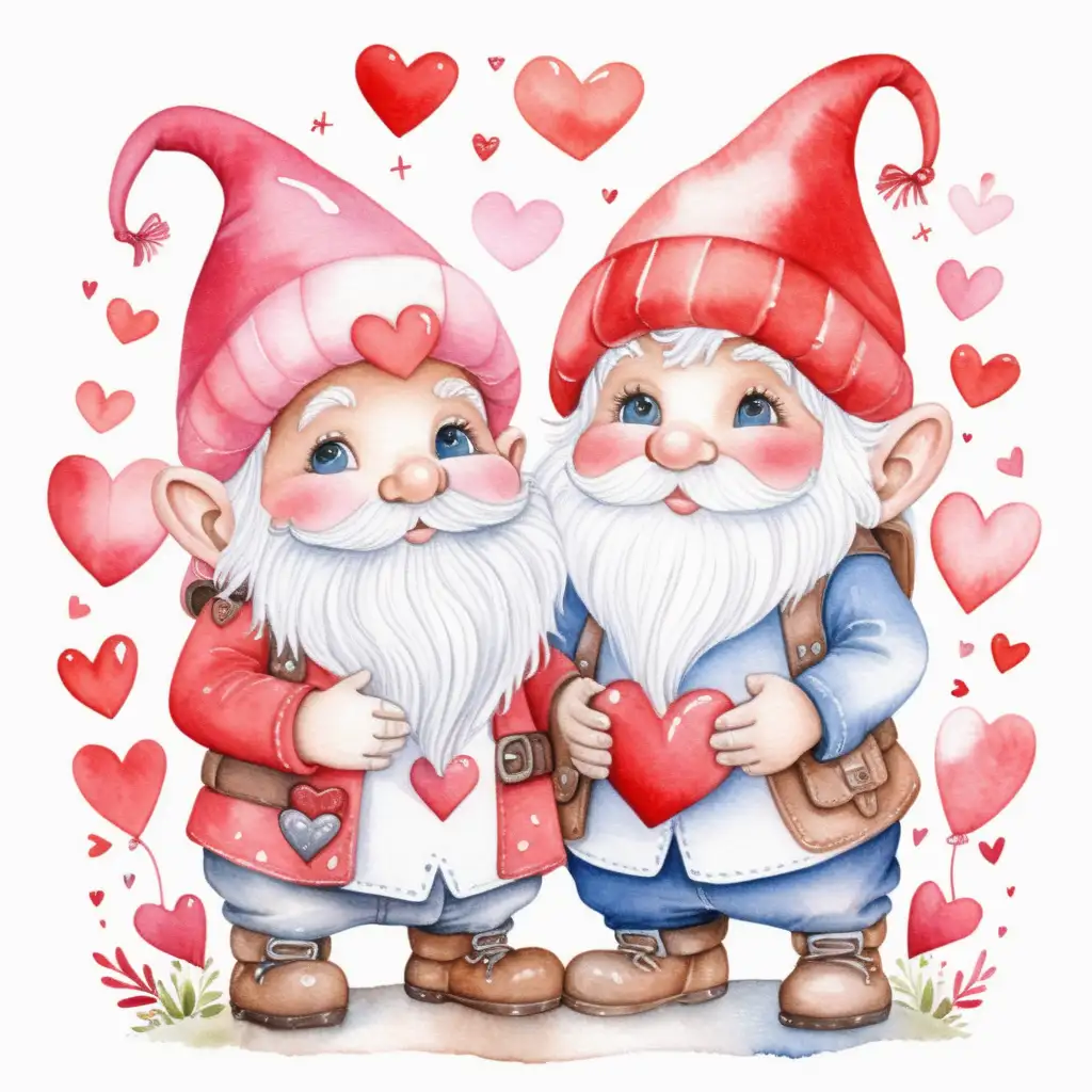 Charming Watercolor Valentine Gnome Illustration on White Background