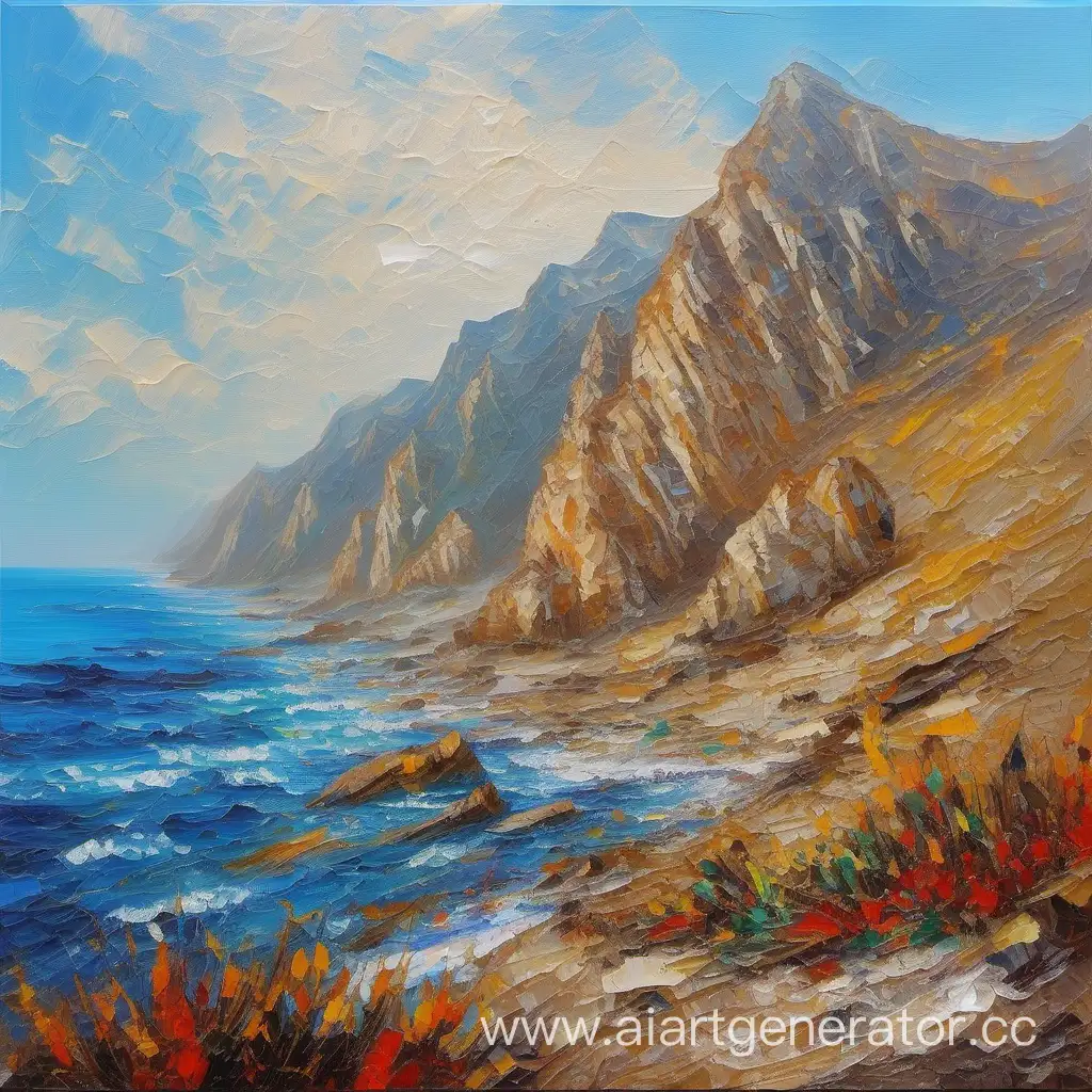 Dagestan-Sea-Coast-Oil-Painting-with-Bold-Palette-Knife-Strokes