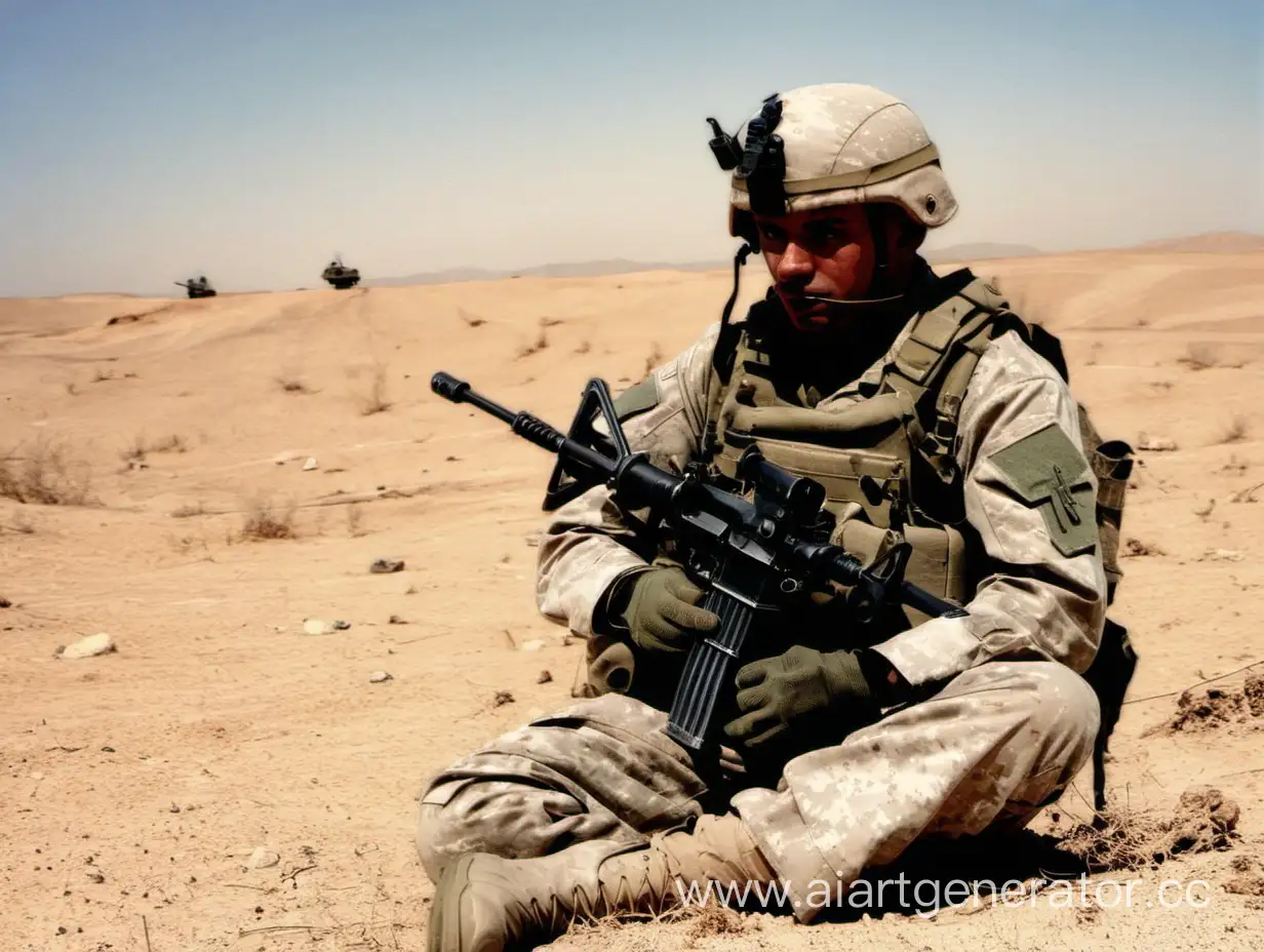военный сидит в пустыний с оружием во войне