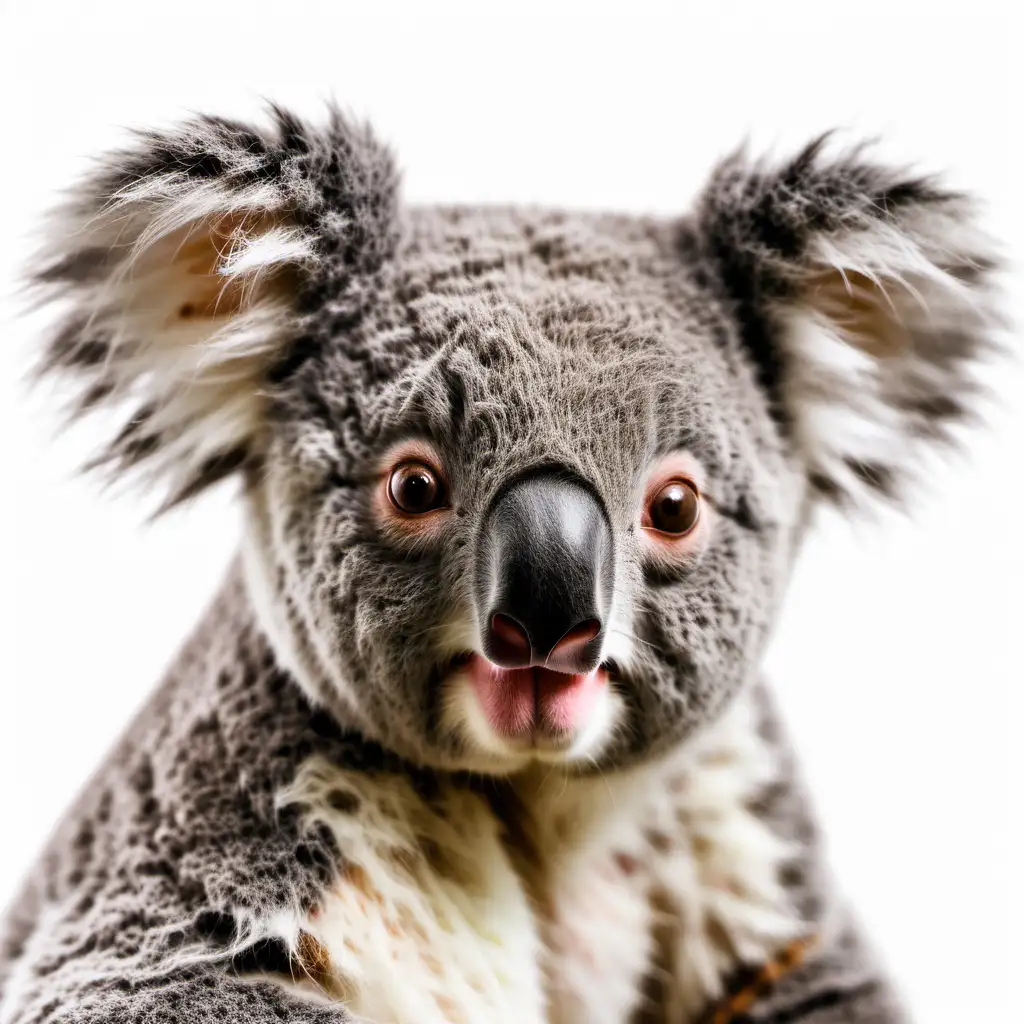 Ultrafine Detail Closeup Photo of Koala on White Background