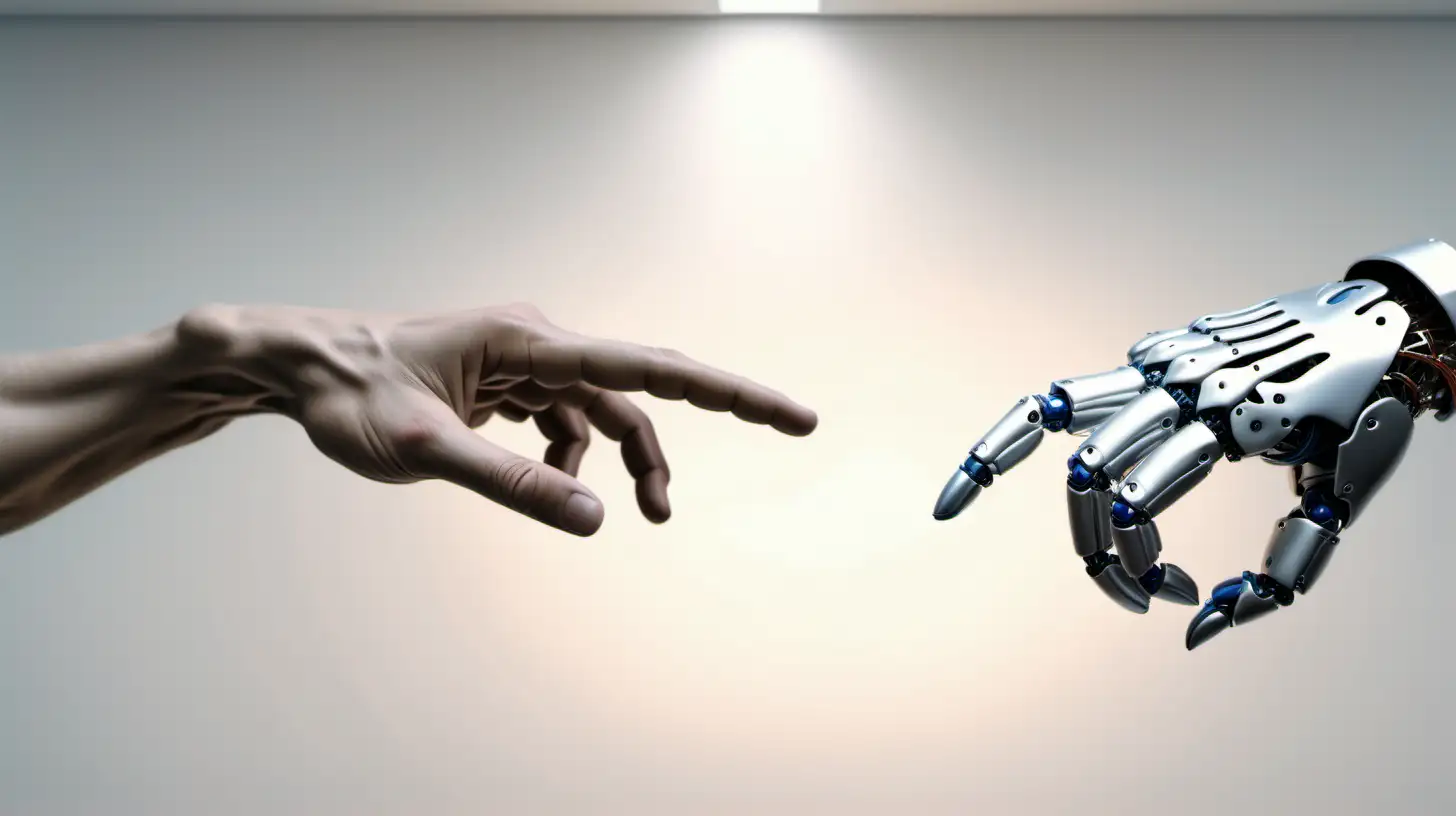 a recreation of the painting of "the creation of adam" where man is touching a robot hand,  artificial intelligence, ultra realistic, 8k 3d