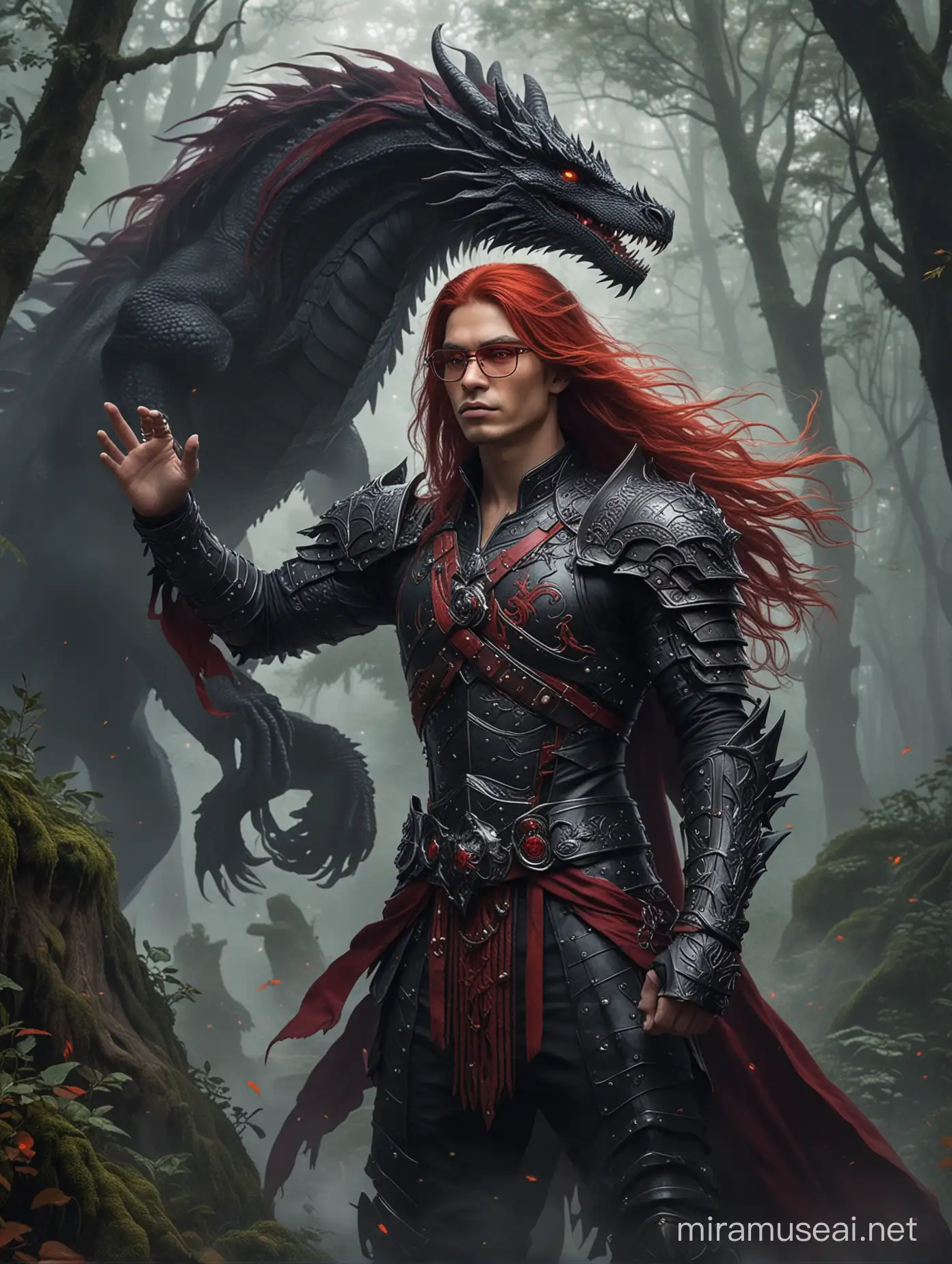Goddess of dark magic. The picture shows a fantasy-themed image featuring a male figure long maroon hair, red glasses, with pronounced features in an elaborate black armor with dragon motifs. His left hand is raised, seemingly controlling a fiery dragon, which could symbolize power or a mystical bond with the creature. The background is a lush, misty forest that adds to the overall magical and mysterious atmosphere.
