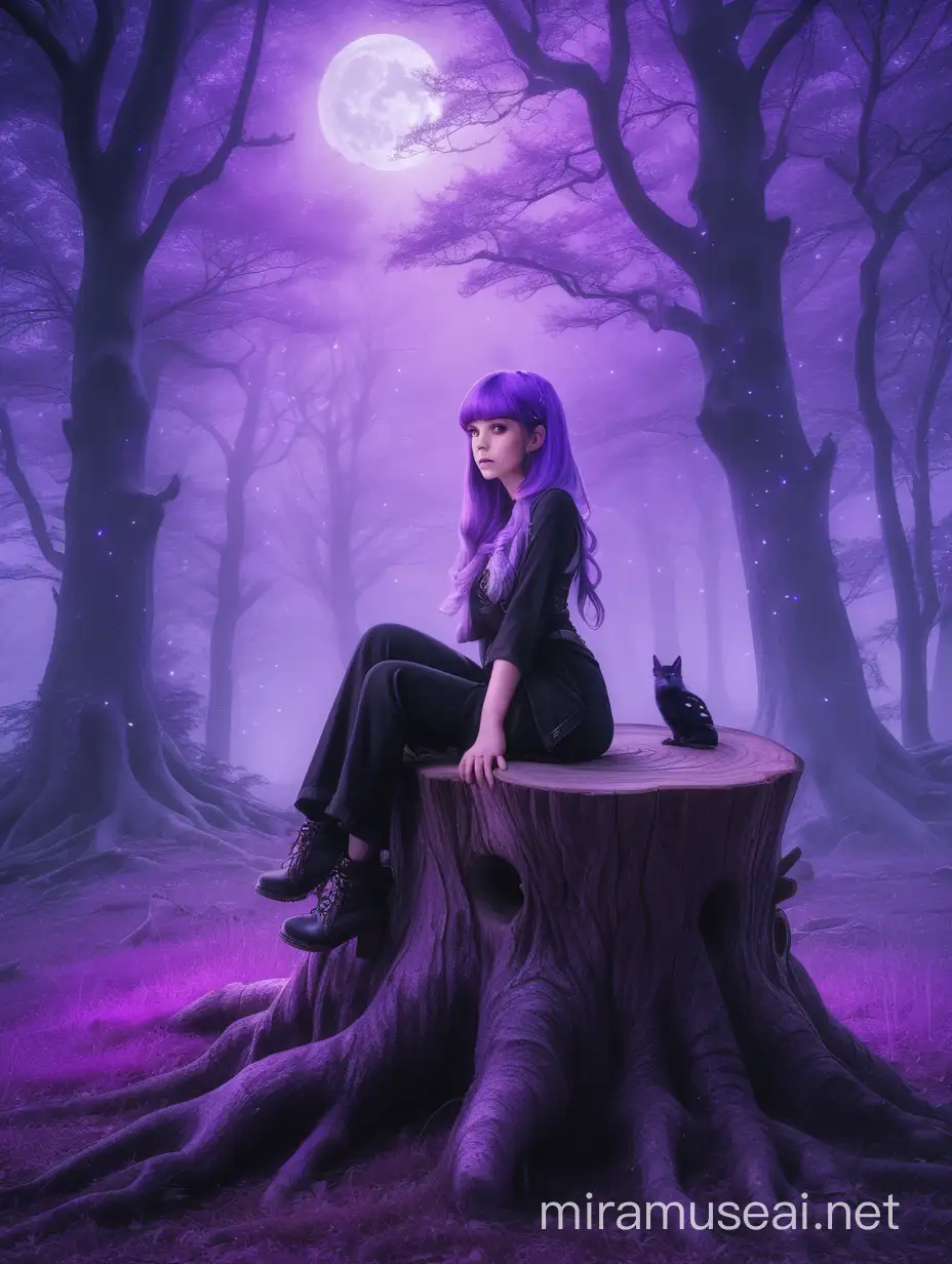 Enchanting Purple Forest with Seductive Witch on Tree Stump
