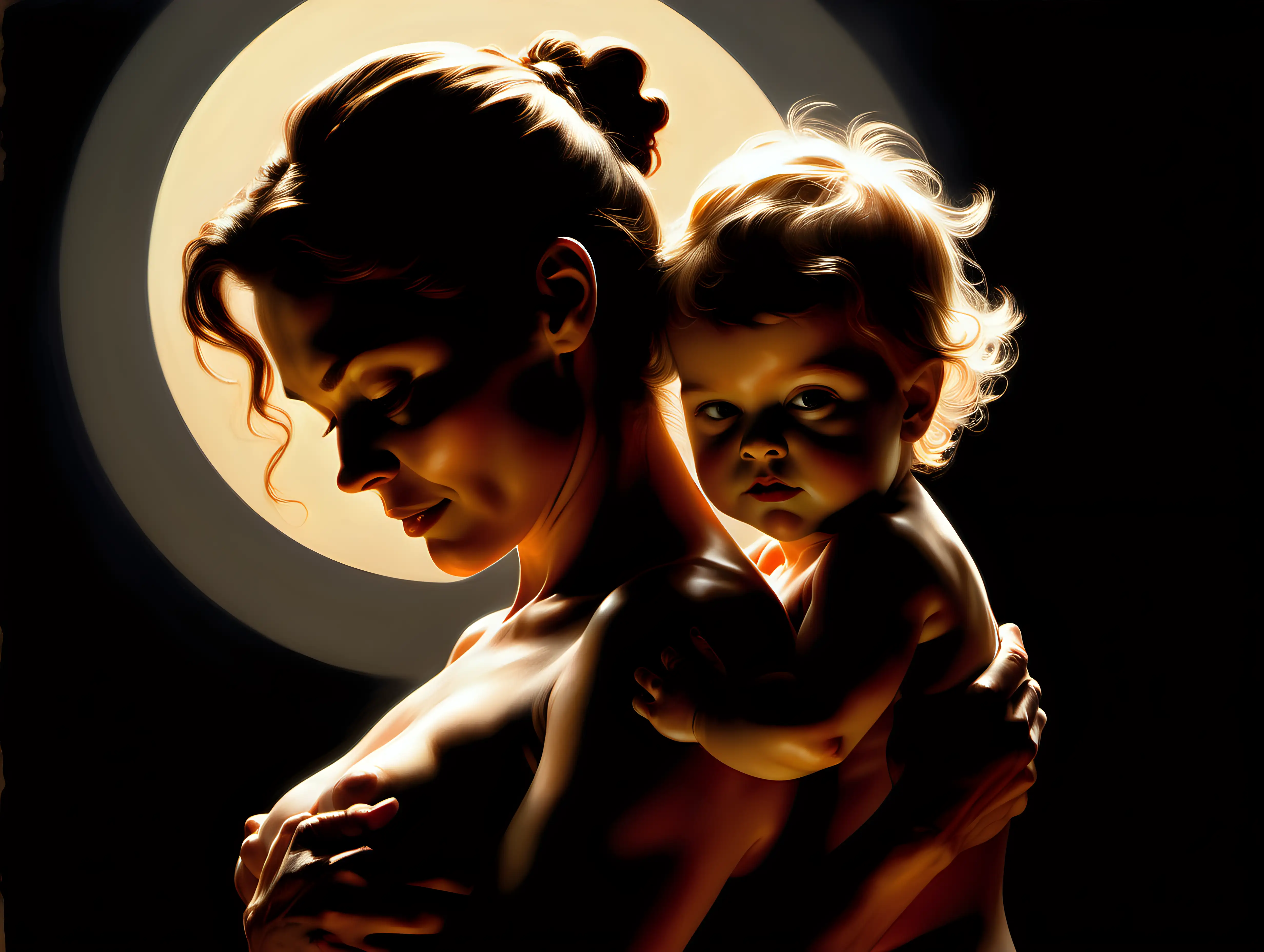 Mother and child holding each other with sun coming in behind them in style of photorealism by frank frazetta, photograph, high detail, elegant, close up and dark background