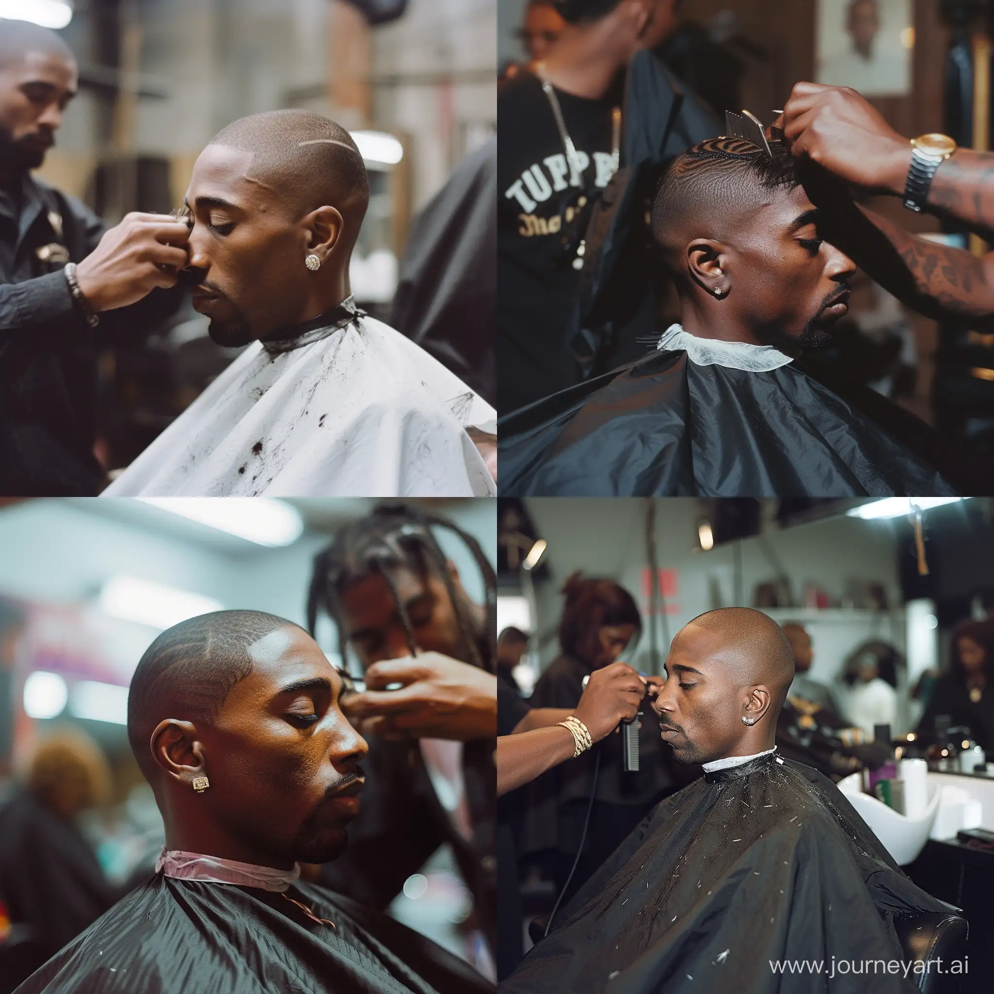 a sideview image of tupac shakur getting a haircut