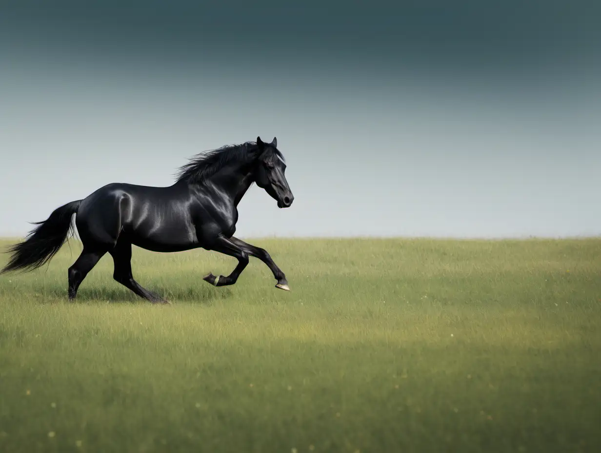 Distant Black horse running in the meadow on the horizon