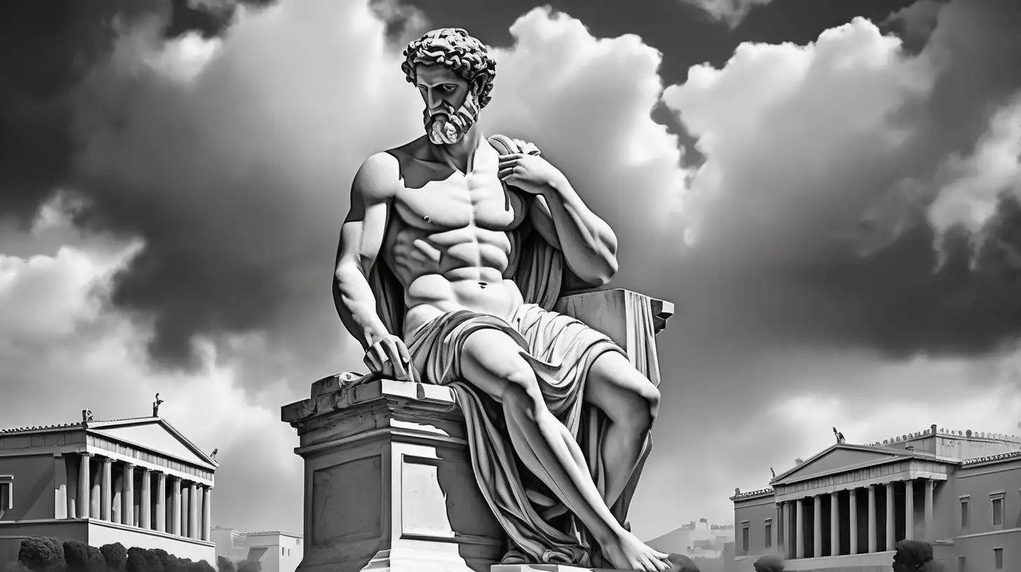 "Generate a captivating black and white image featuring a statue of an ancient Greek writer prominently positioned in the heart of a city. Surround the writer statue with majestic palaces adorned with ancient Greek art, all against a cloudy backdrop. Create a timeless atmosphere, evoking the classical era and the intellectual legacy of ancient Greece. Ensure the grayscale tones enhance the vintage charm, emphasizing the cultural richness and artistic grandeur of the scene."