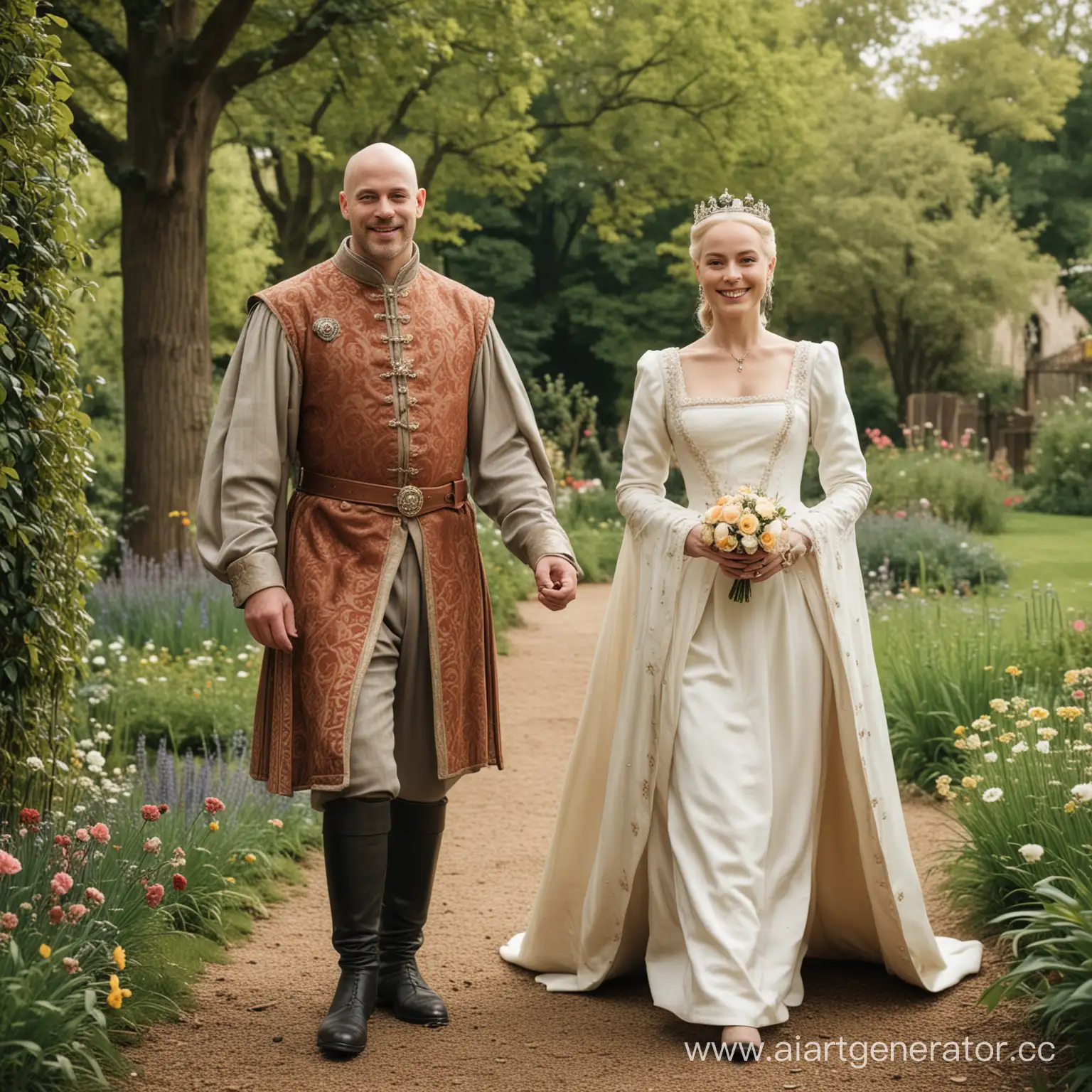 The Middle Ages, the king and queen on a walk in the garden. They stand next to each other and look directly into the camera, smiling slightly. The king is bald