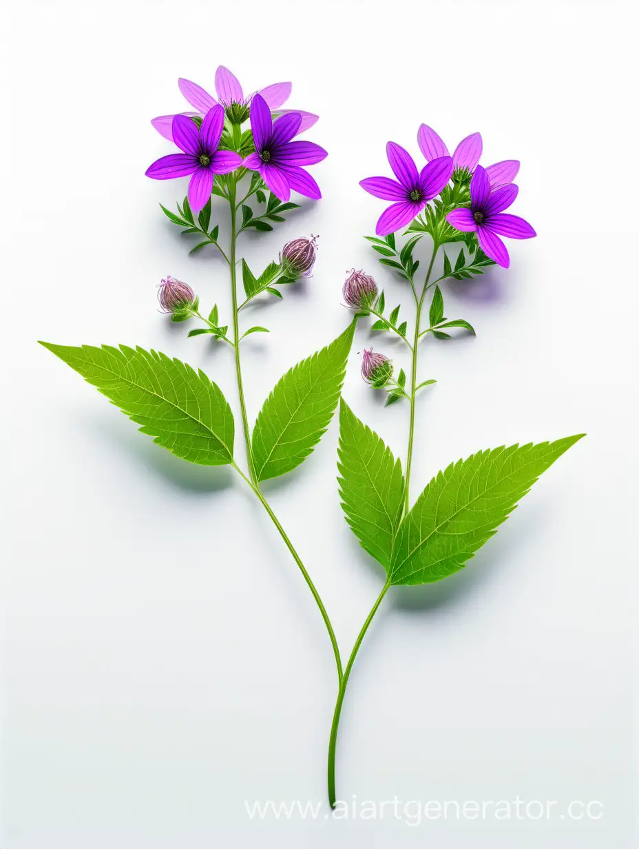 2 PURPLE wild flower 8k with natural fresh green leaves on white background 