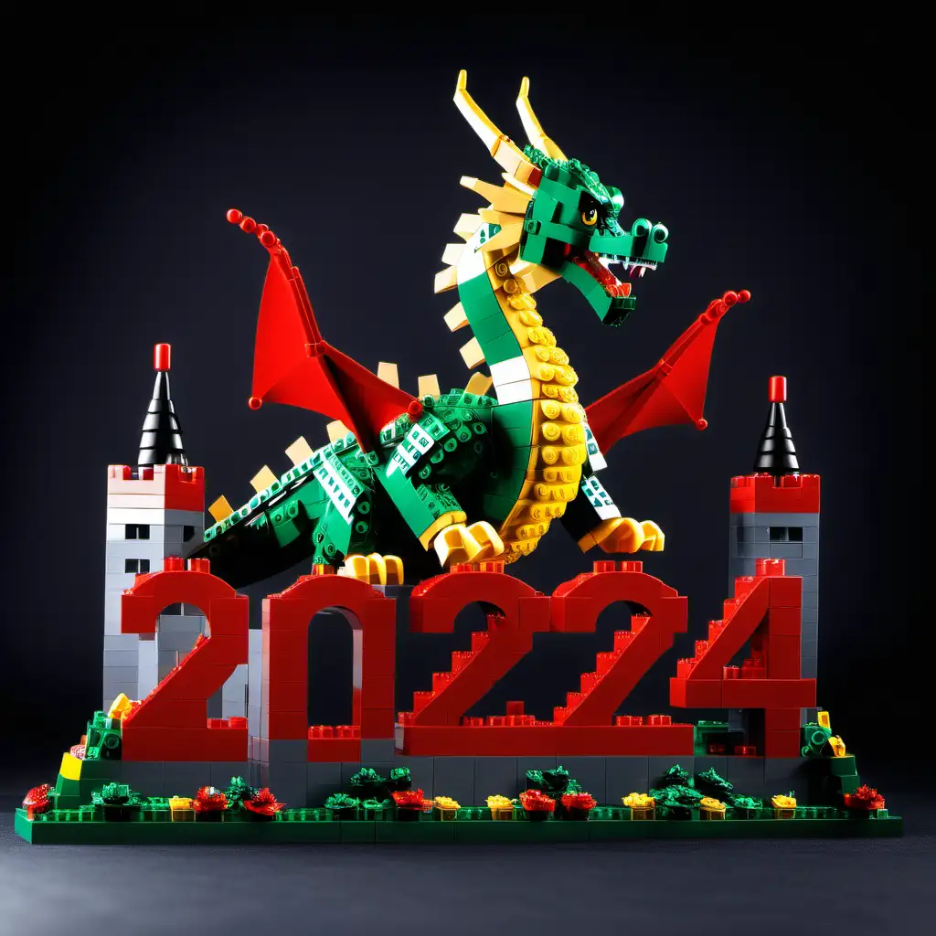 A dragon shaped castle made of lego blocks with 2024 new year geetings