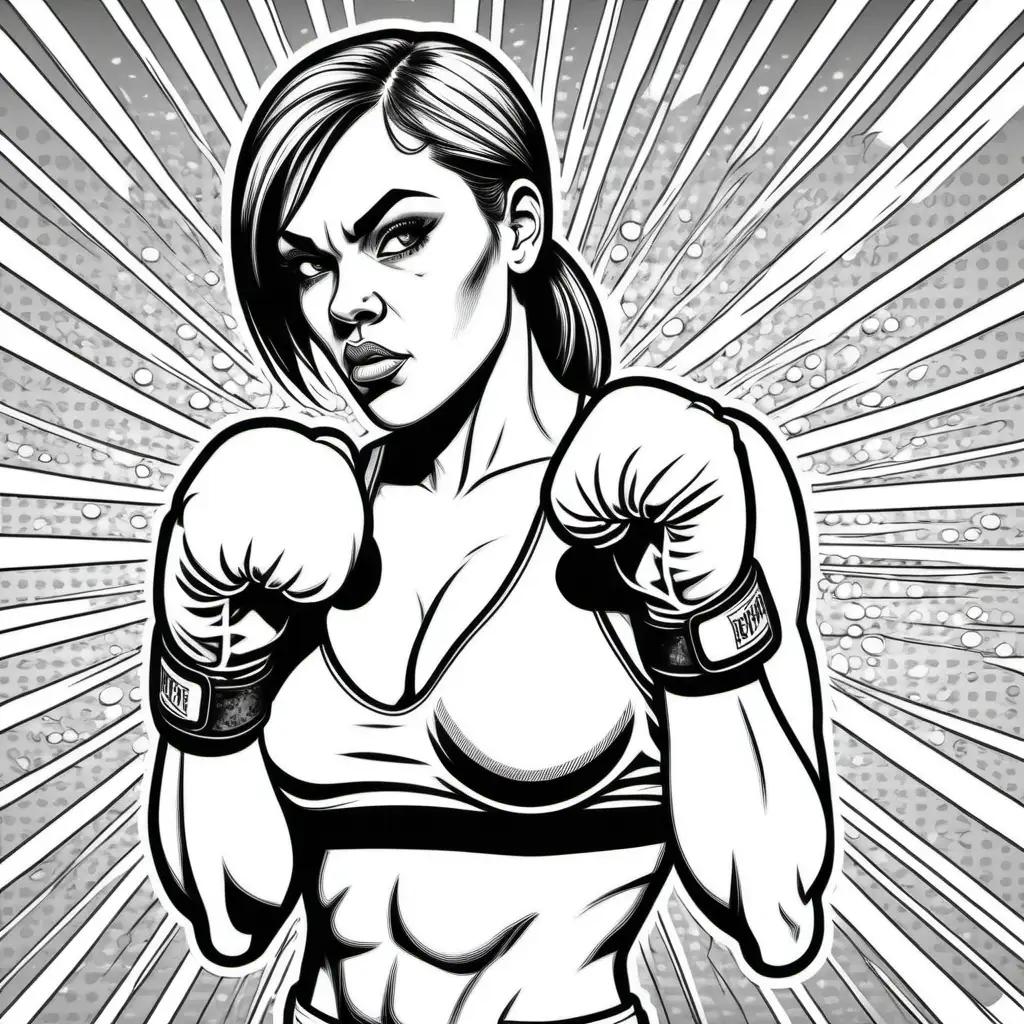 adult coloring book, black and white. Illustrated, dark lined, no shading, Highly detailed. Pop art style action image of a female boxer.