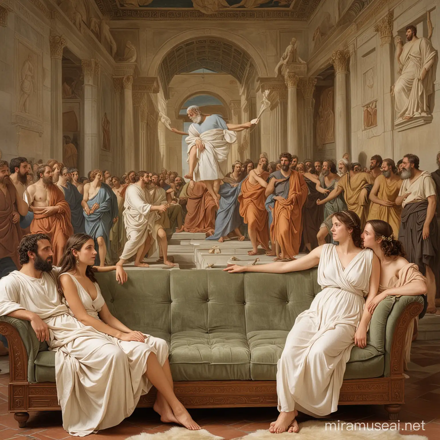 a reenactment of Plato's symposium, with greeks leaning on sofas giving speeches about love
