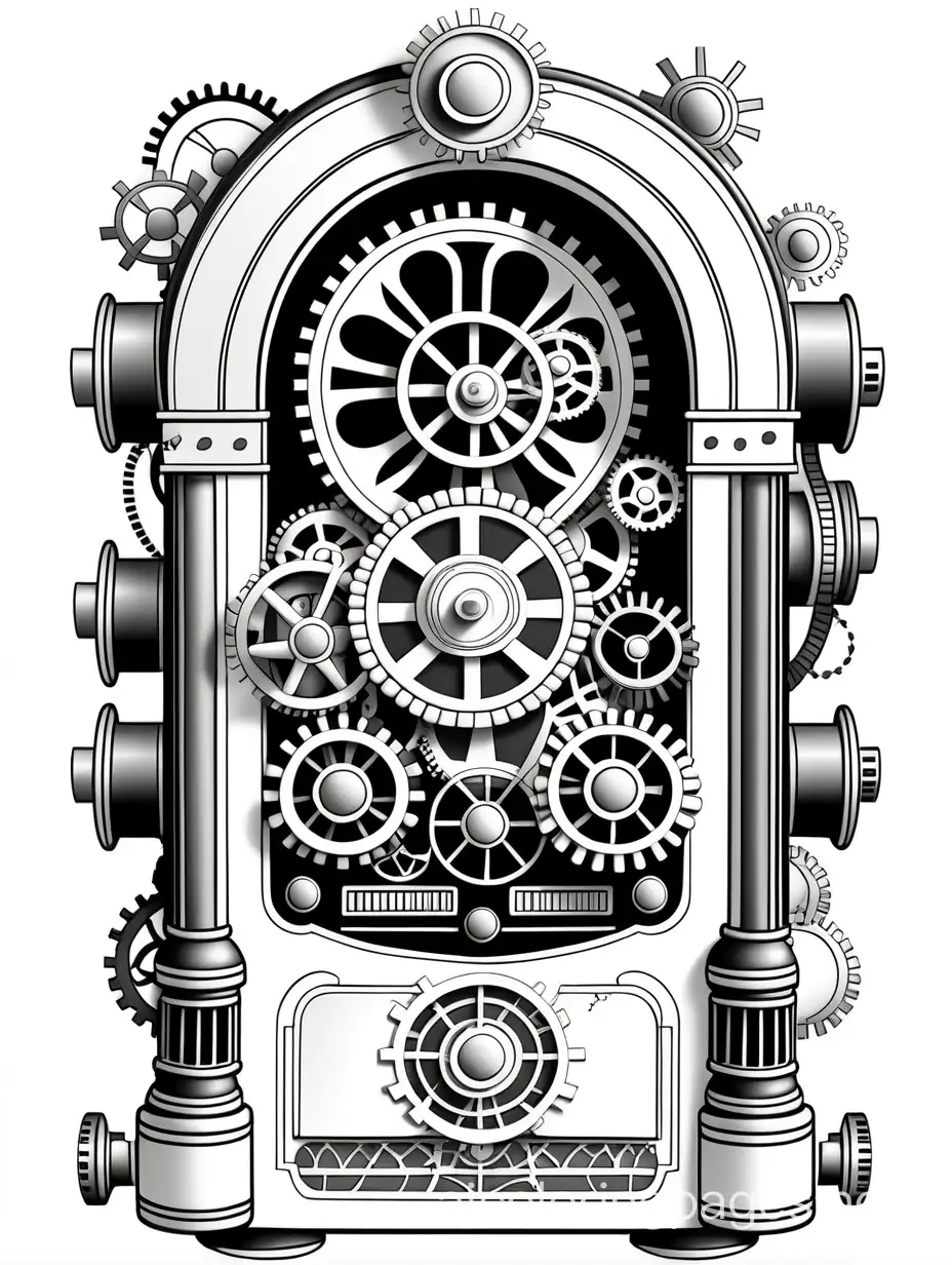 A steampunk-inspired jukebox made of and gears, with records made of clockwork mechanisms that spin and play music., Coloring Page, black and white, line art, white background, Simplicity, Ample White Space. The background of the coloring page is plain white to make it easy for young children to color within the lines. The outlines of all the subjects are easy to distinguish, making it simple for kids to color without too much difficulty