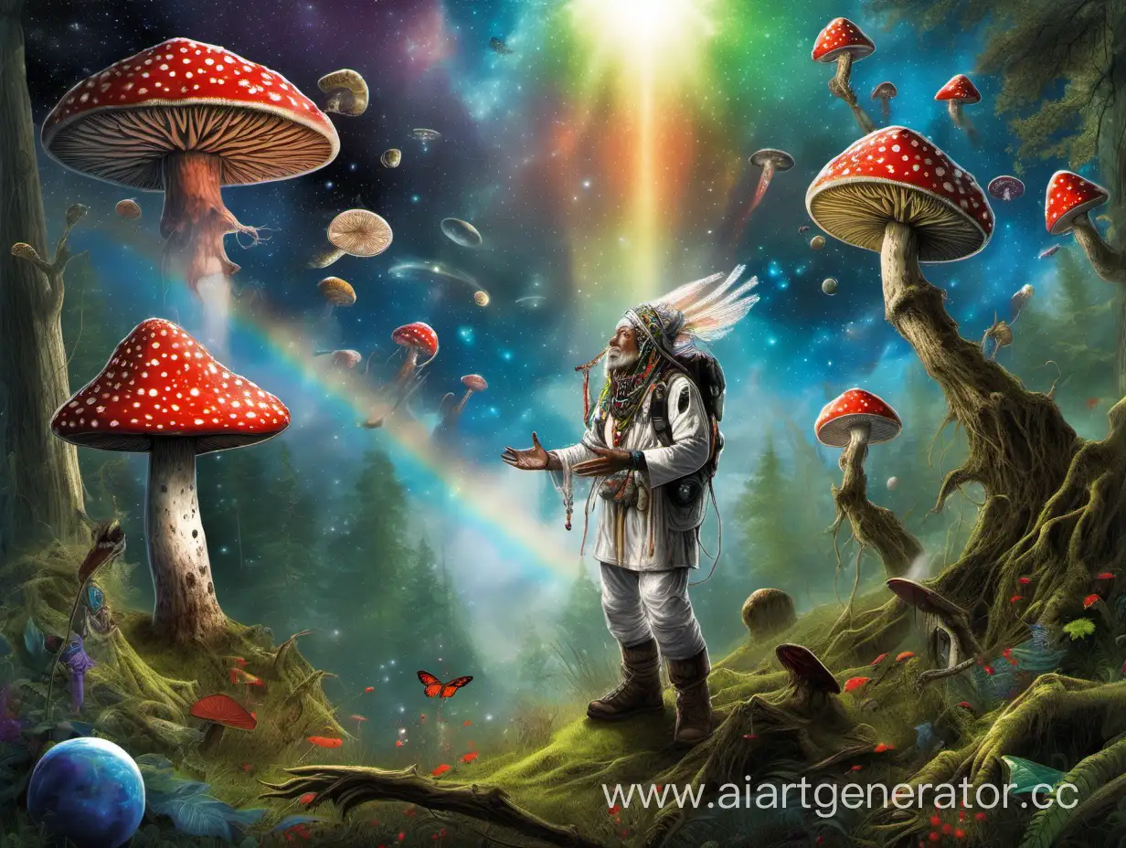 Space-Shaman-Communicates-with-Fly-Agaric-Surrounded-by-Rainbow