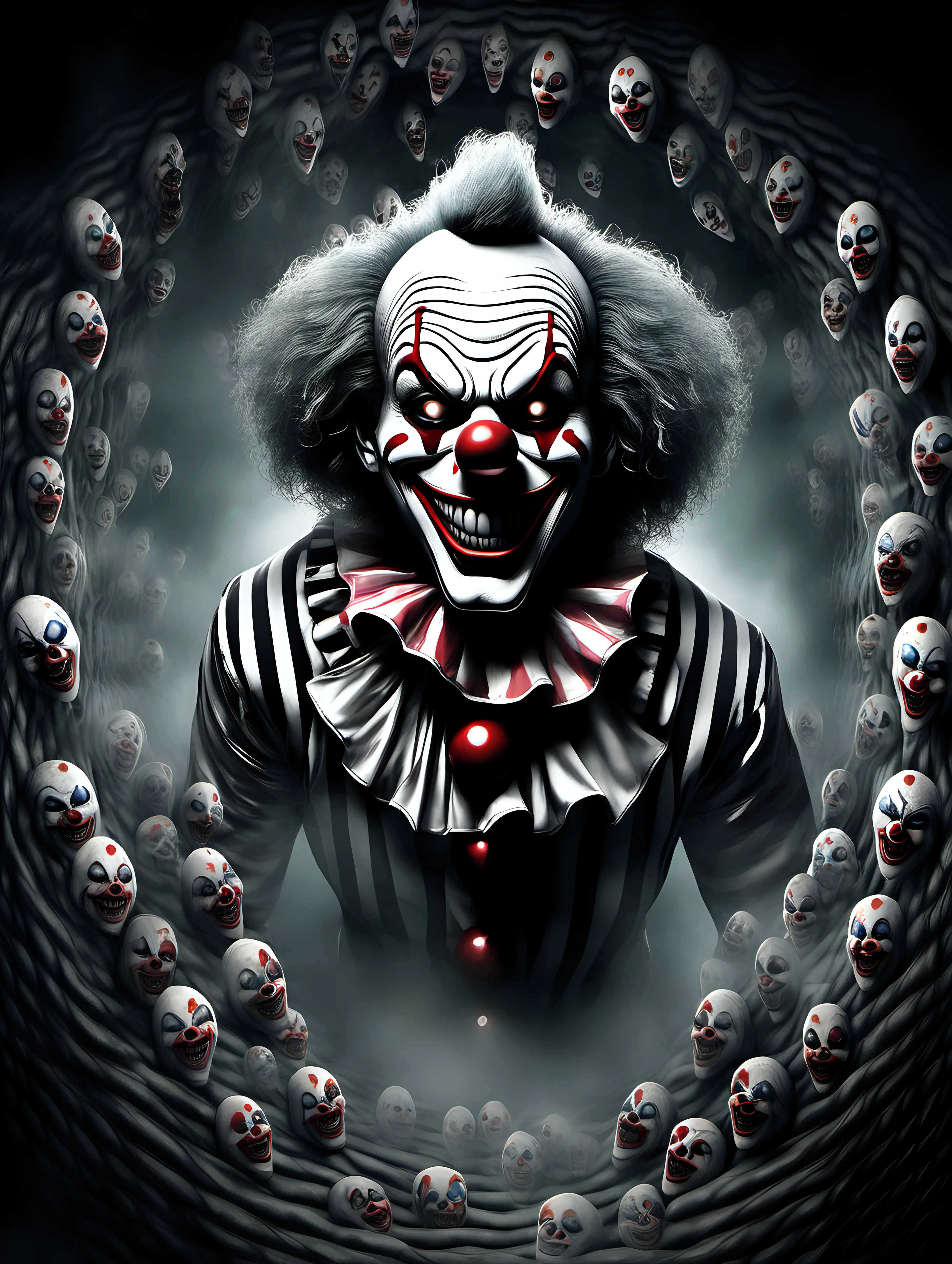 create a illustration page of a 3d hypnotic illusion creepy scary horror clown
