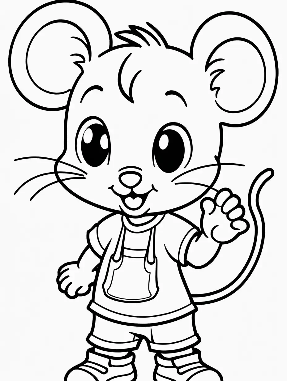Very easy coloring page for 3 years old toddler. Smile little mouse. Without shadows. Thick black outline, without colors and big  details. White background.