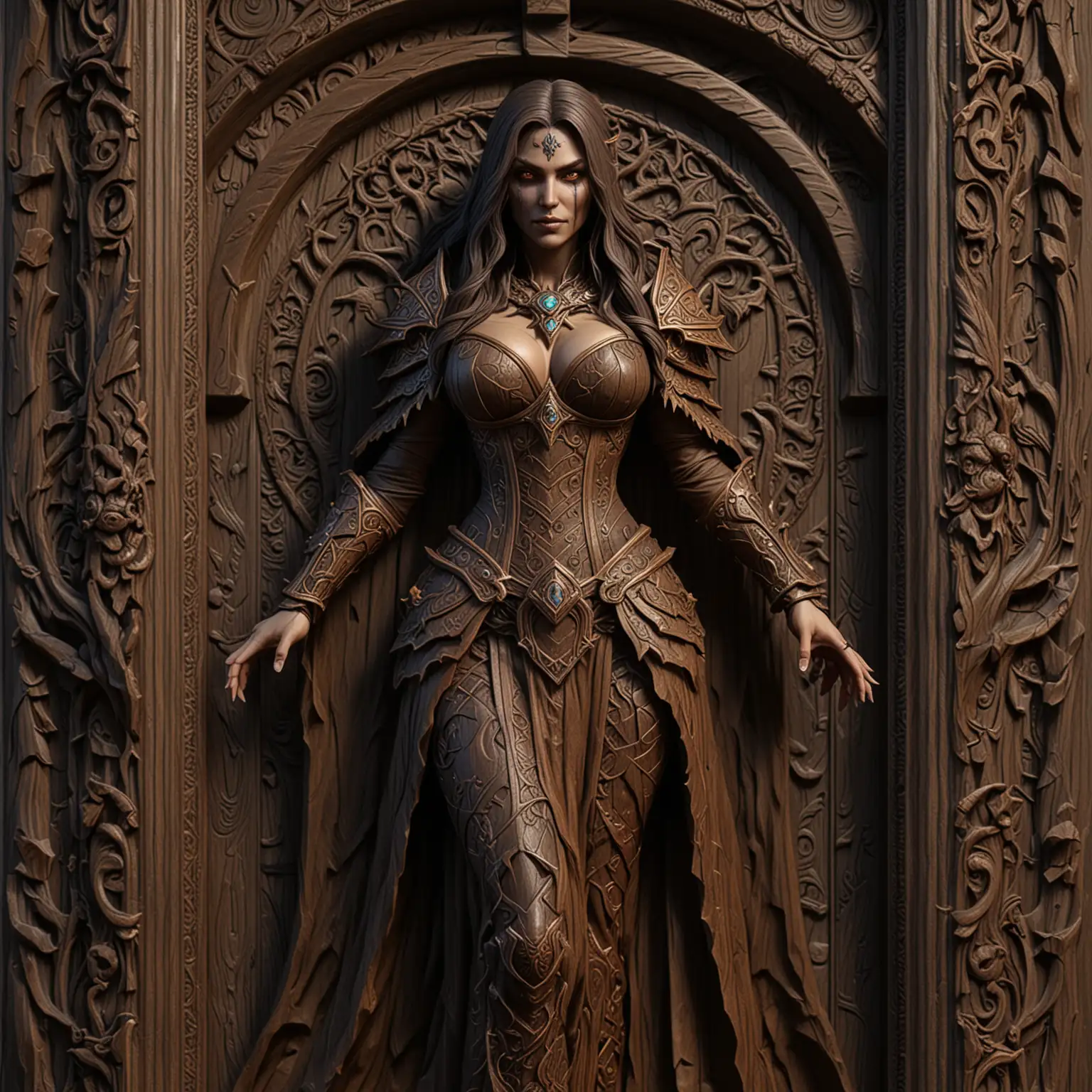 3D SEAMLESS TEXTURE, DARK CARVED WOOD WITH A CARVED WOOD FRAME, FEATURING AN INTRICATE CARVED WOOD UNDEAD FEMALE MAGE FULL BODY IN THE STYLE OF WORLD OF WARCRAFT