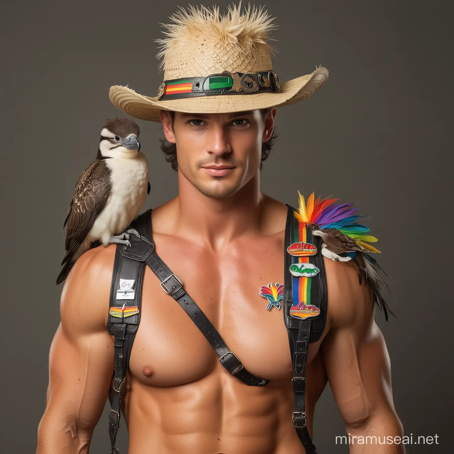 Strong Fit Handsome Guy in half dressed crocodile dundee Outfit with Rainbow Badges and a Kookaburra on his shoulder