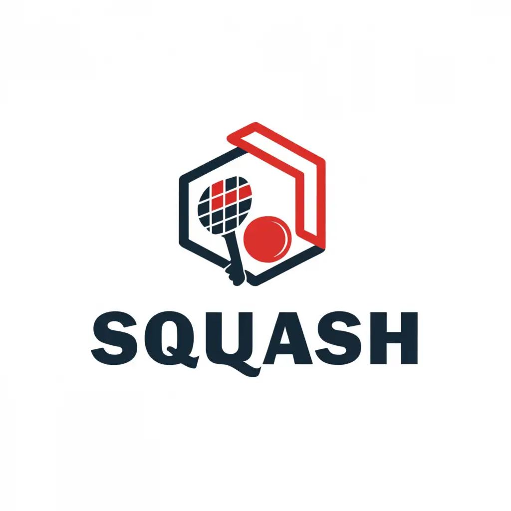 a logo design,with the text "SQUASH", main symbol:a wall in the room, two rackets, a squash ball, colors:colors:
red,blue, black, white,Minimalistic,clear background