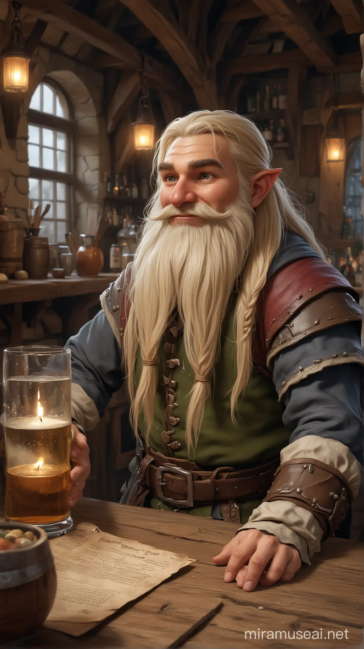 DnD ambient character.
Male gnome with long blonde hair, is a tavern writes. Seems friendly.
The image is inside a tavern with a playful and party atmosphere.