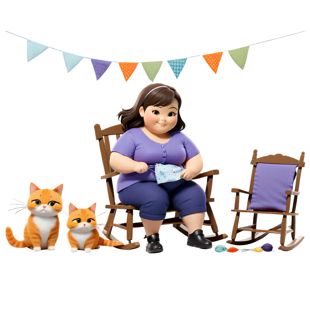 Chibi fat cute girl wearing purple shirt, sitting on a rocking chair, sewing with cloth needle and thread, with fat cute orange cat beside the rocking chair 
