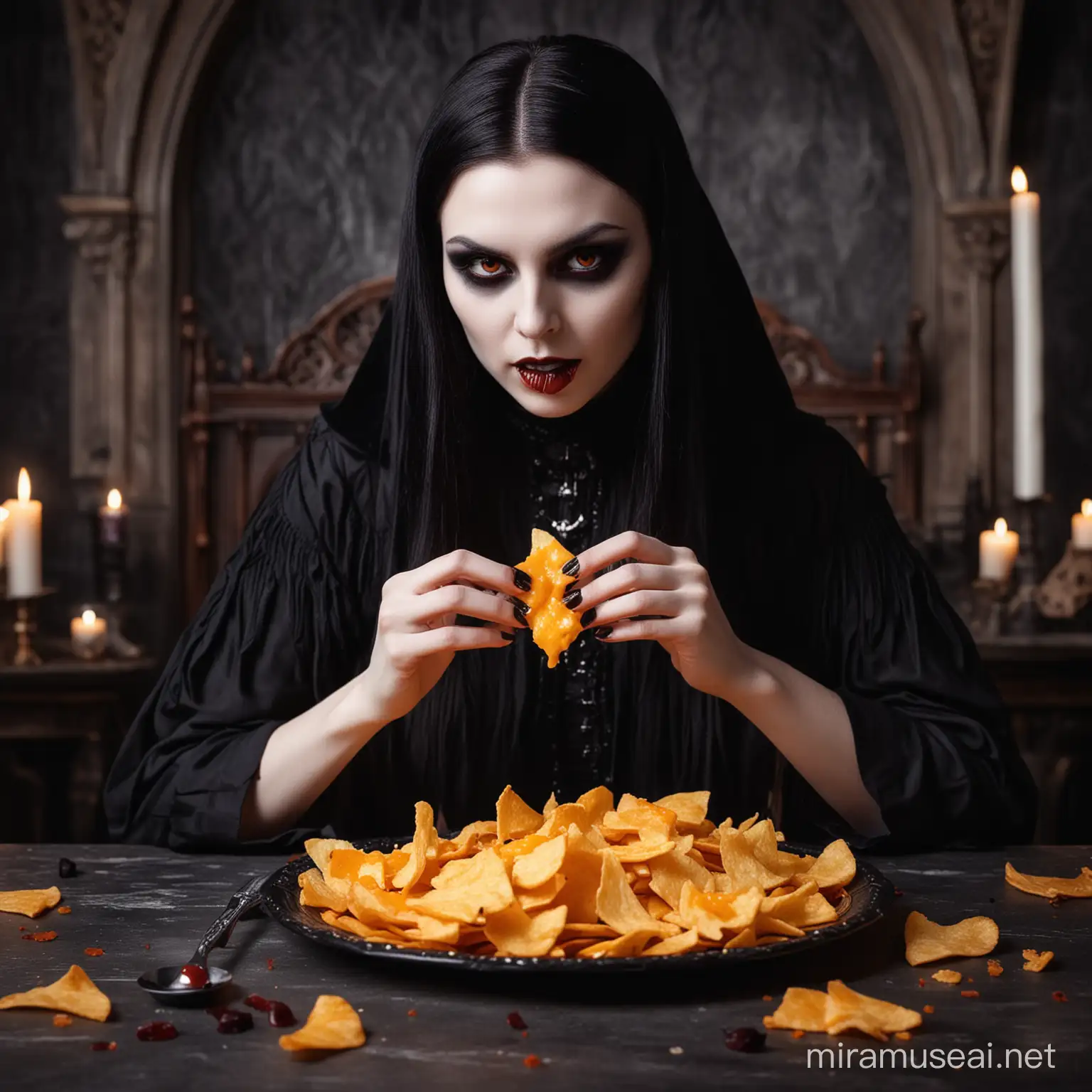 A vampire eating orange cheese colored crispy chips, gothic setting.