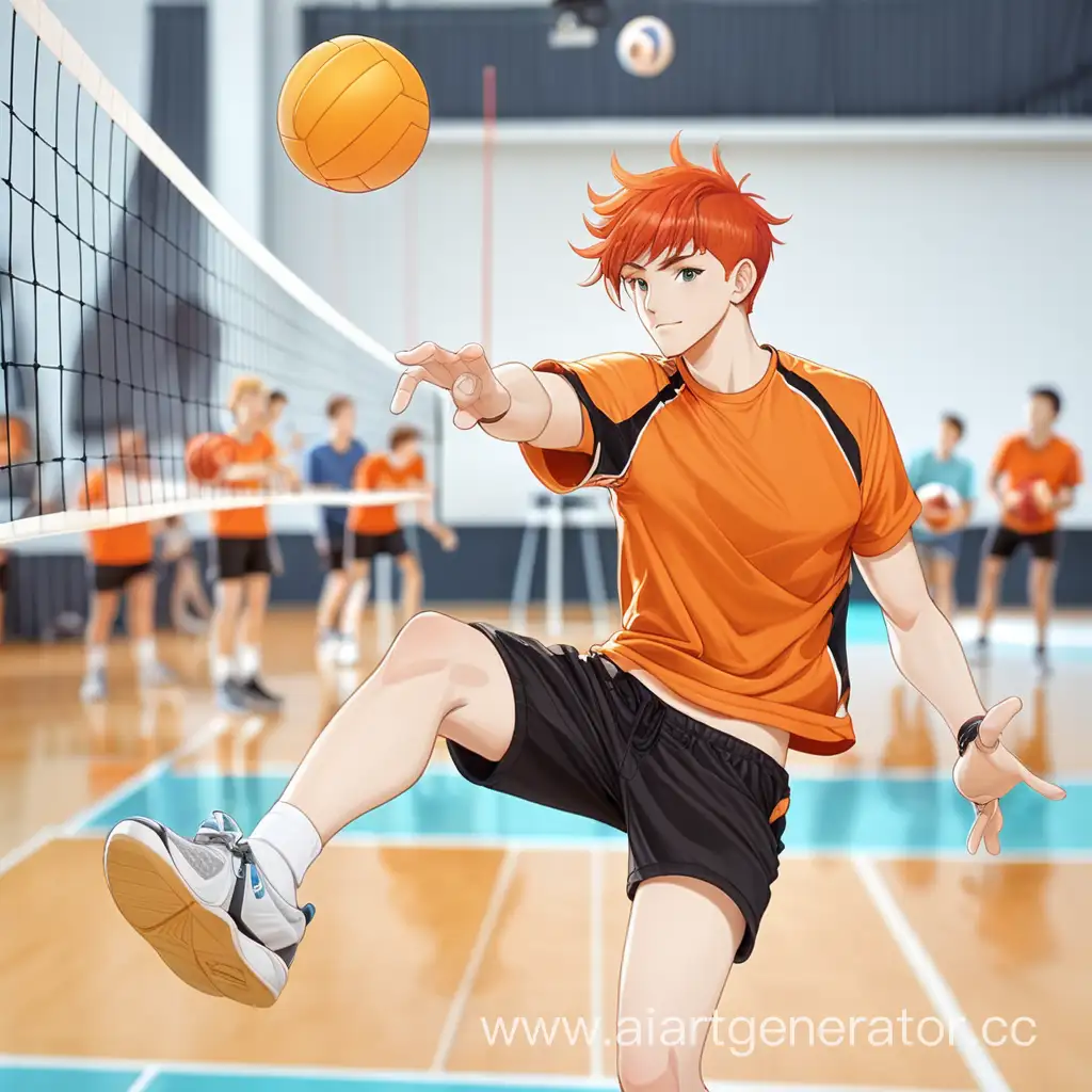 A red-haired guy in black shorts and an orange T-shirt is playing volleyball