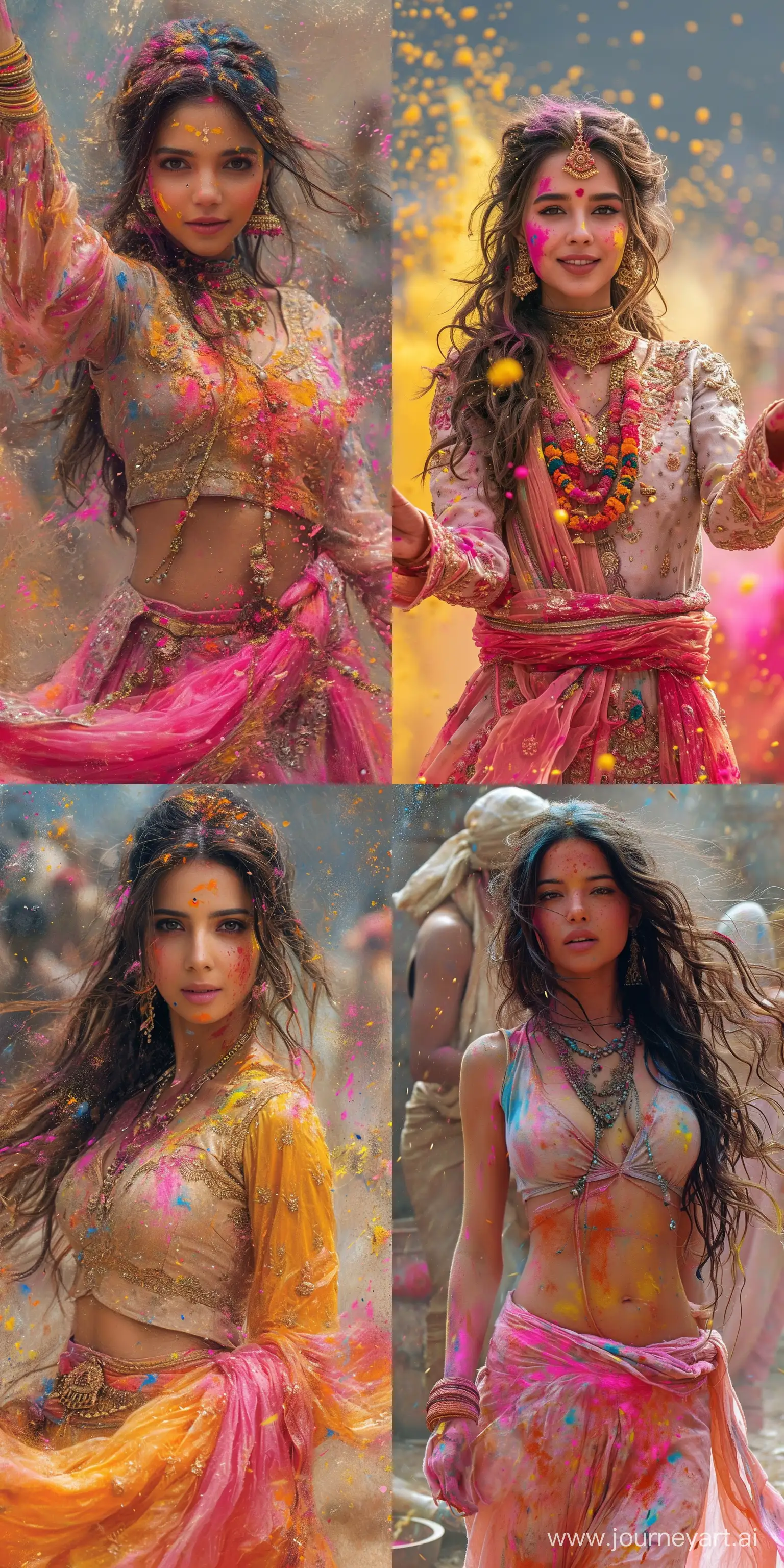 holi images with a beautiful Punjabi wo dancing around in colored paints, in the style of light gray and light bronze, spiritual meditations, dark gold and pink, bold and vibrant primary colors, expressive facial features, hurufiyya --ar 1:2 --stylize 750 --v 6