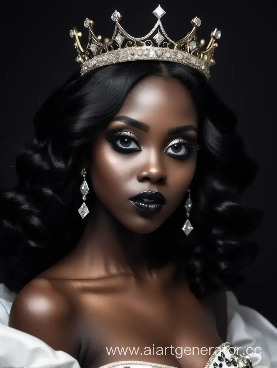 Woman (proud. Princess. Rich skin. Big eyes. Beauty face. Crown diamond) black hair . Black eyes. Hot (black vibes) white skin