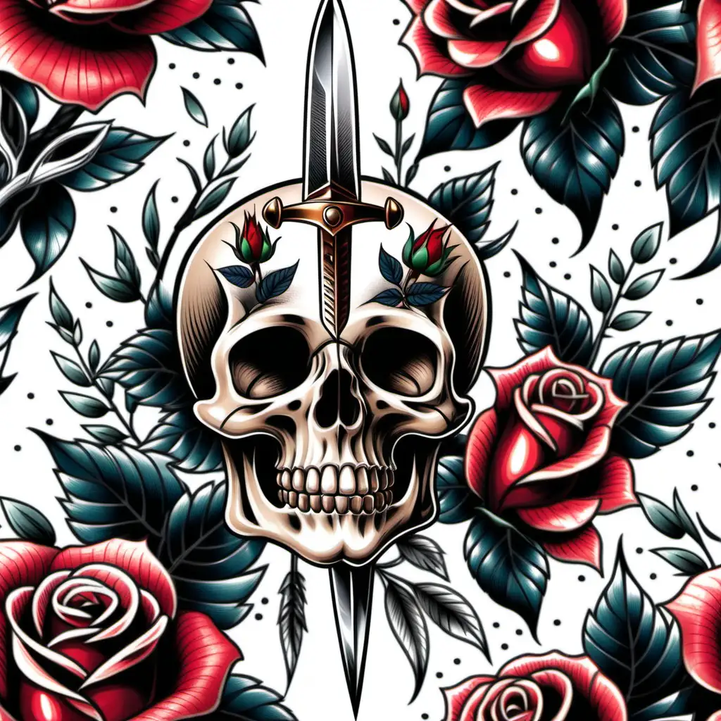 Vintage Tattoo Seamless Pattern with Roses Skulls and Dagger on Transparent Background