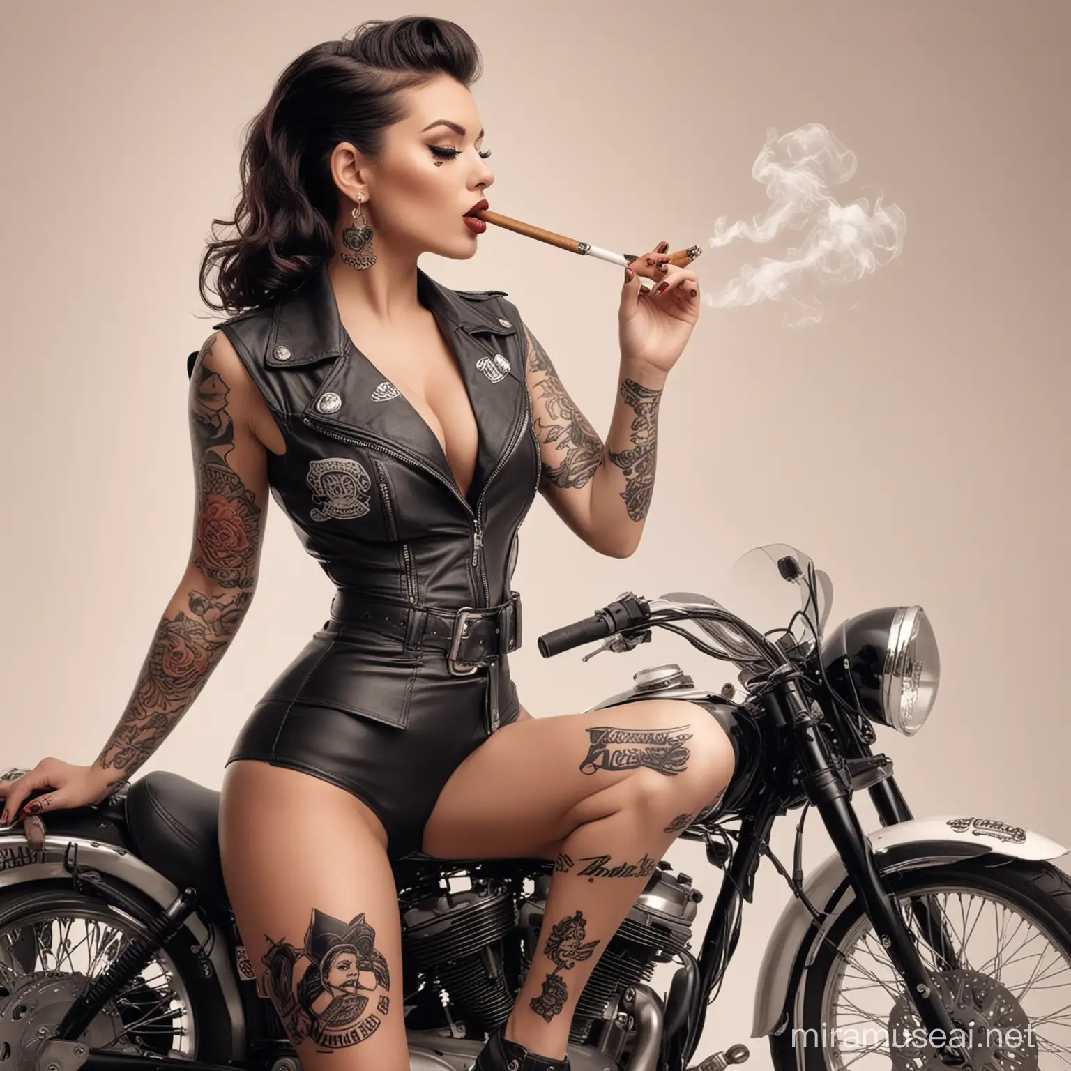 tattoo pin up, white background
Riding a motorcycle and smoking {the smoke must comes out from the cigarette or woman lips }(motorcycle must be half of the woman or less than half)
Badass vibe please 🥺