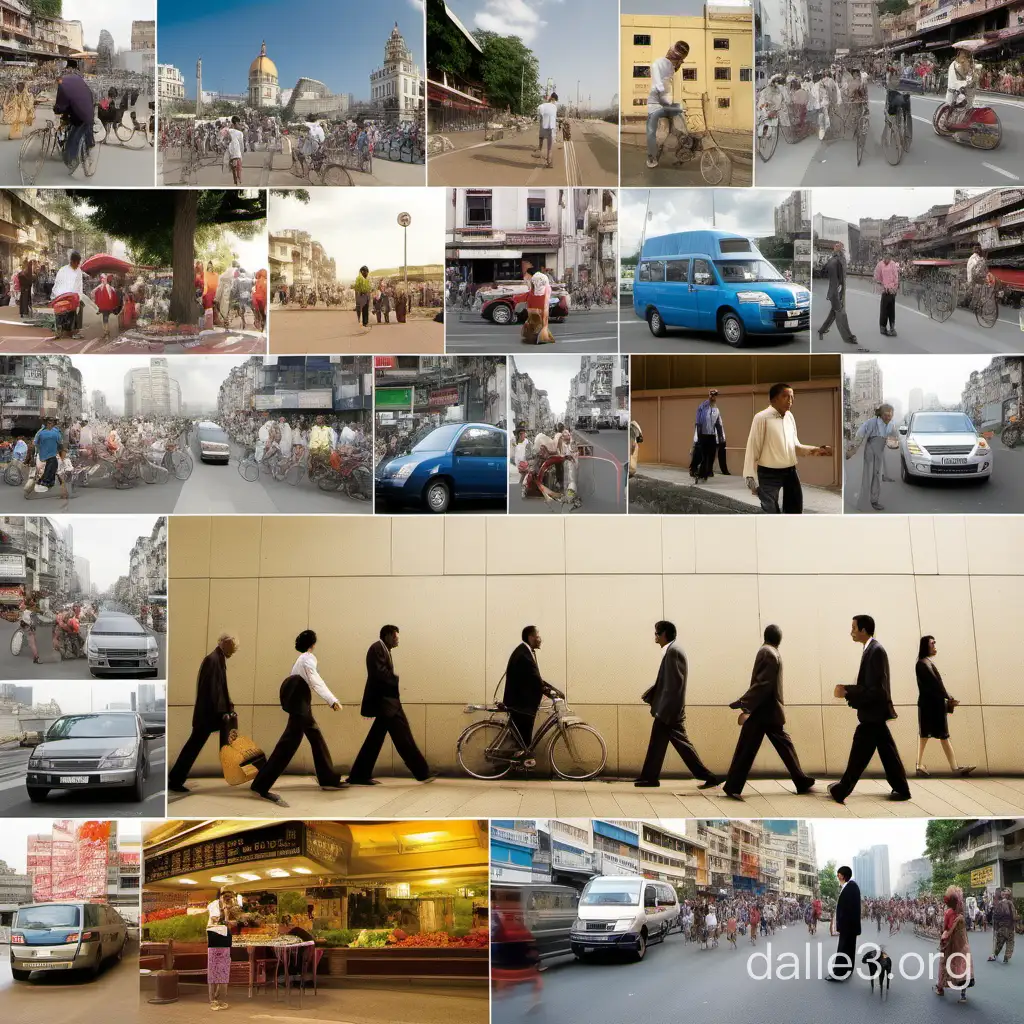 a photographic composition of several different daily life scenes happening in different countries at the same time 