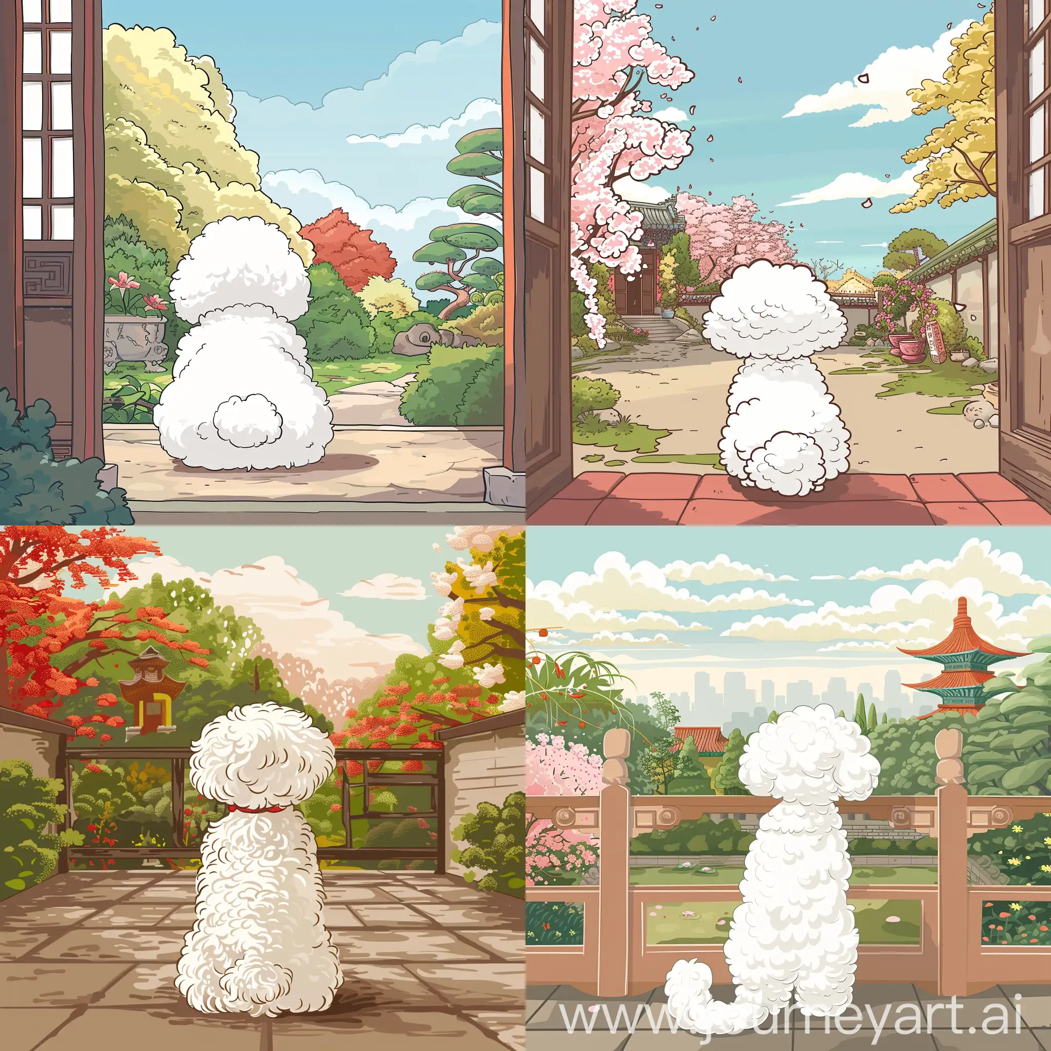 illustration of a spring day in a garden in southern China, showing the back view of a white Bichon Frise, in high quality cartoon chibi style