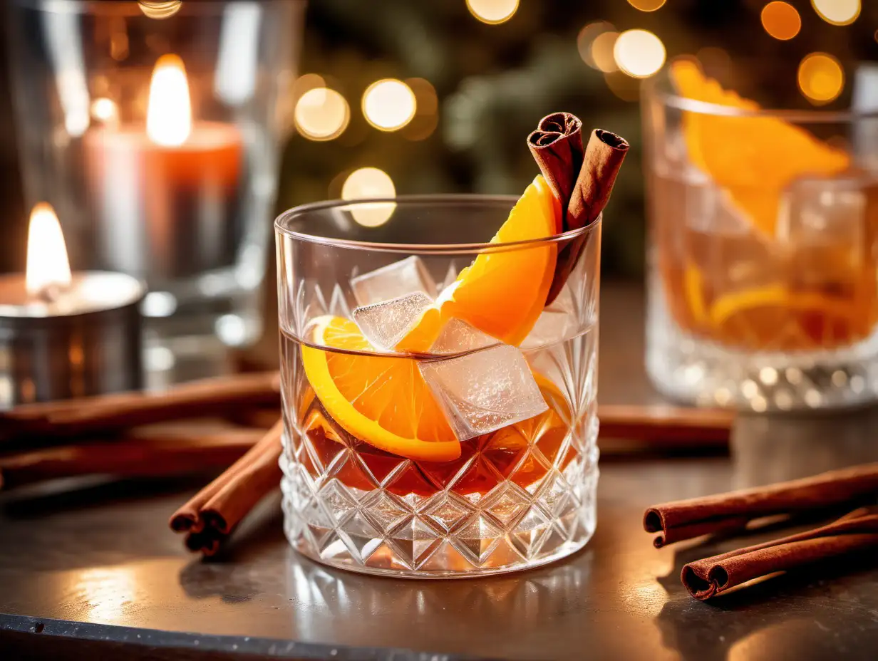 Old Fashioned drink with cinnamon stick and orange peel for garnish in vintage crystal glass. twinkle lights in foreground. Rustic room in background. neutral tones. close up, artistic angle.