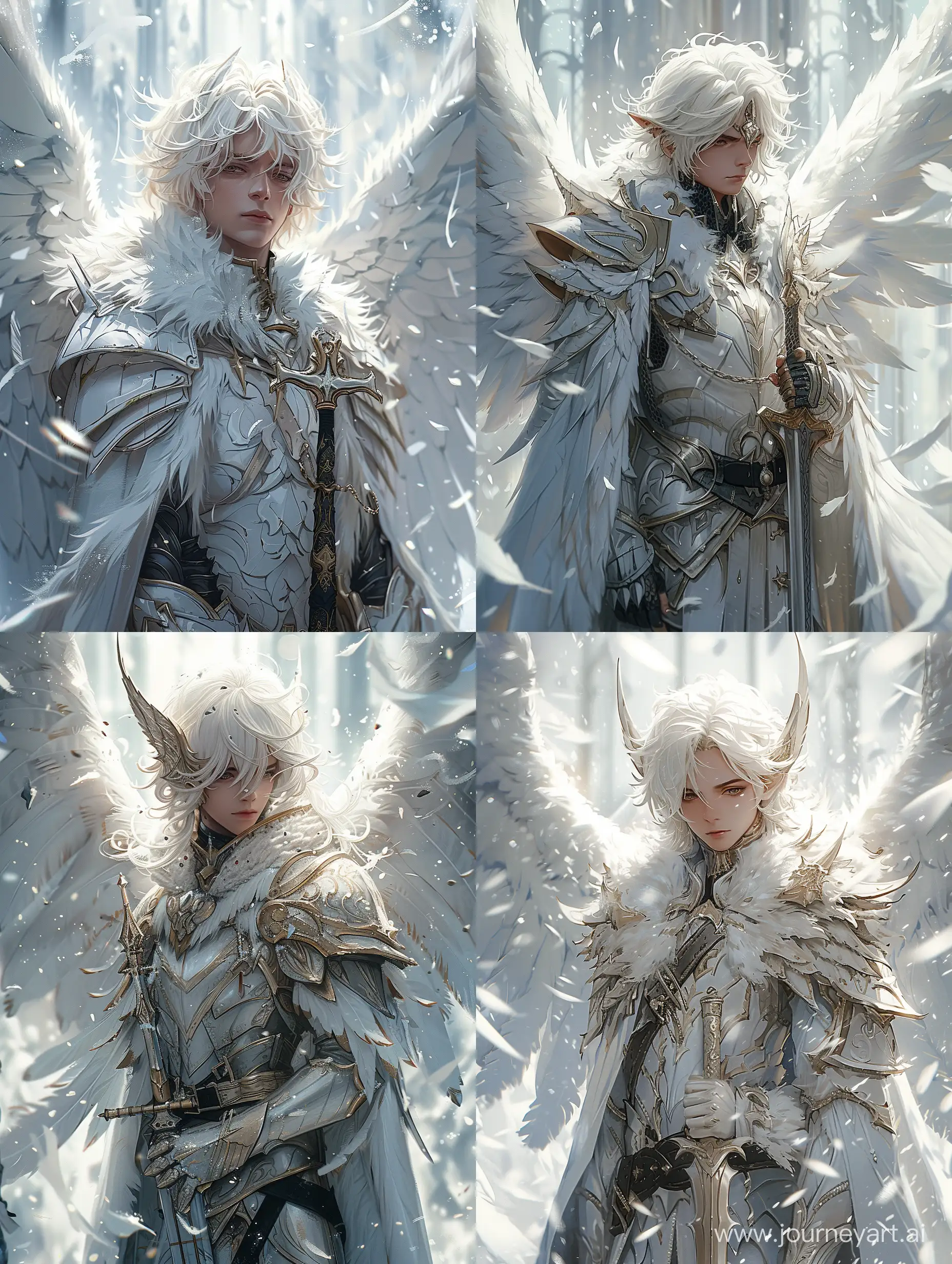 https://i.postimg.cc/JzhqHGKb/17060924644208h3tbirw-2.png realism::1.3, 8K, male character dressed in white armor, with wings and a sword, he has white hair and is standing in a room with white walls and snowflakes floating around him, --s 500