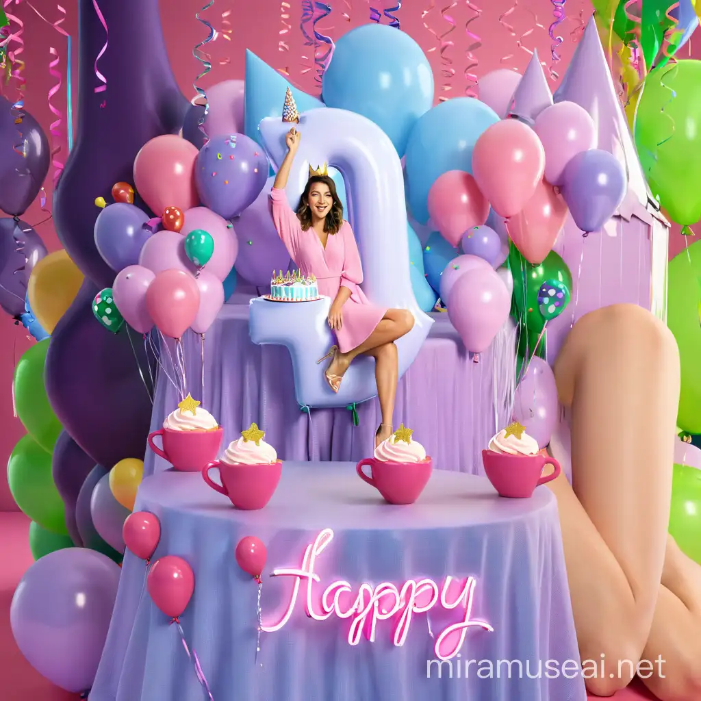3D illustration of woman sitting infront of a cake. cake is on the table.The character is wearing pink dress and she is celebrating. The background is party themed with balloons and 'Happy birthday' written in neon. She is 27 years old. 