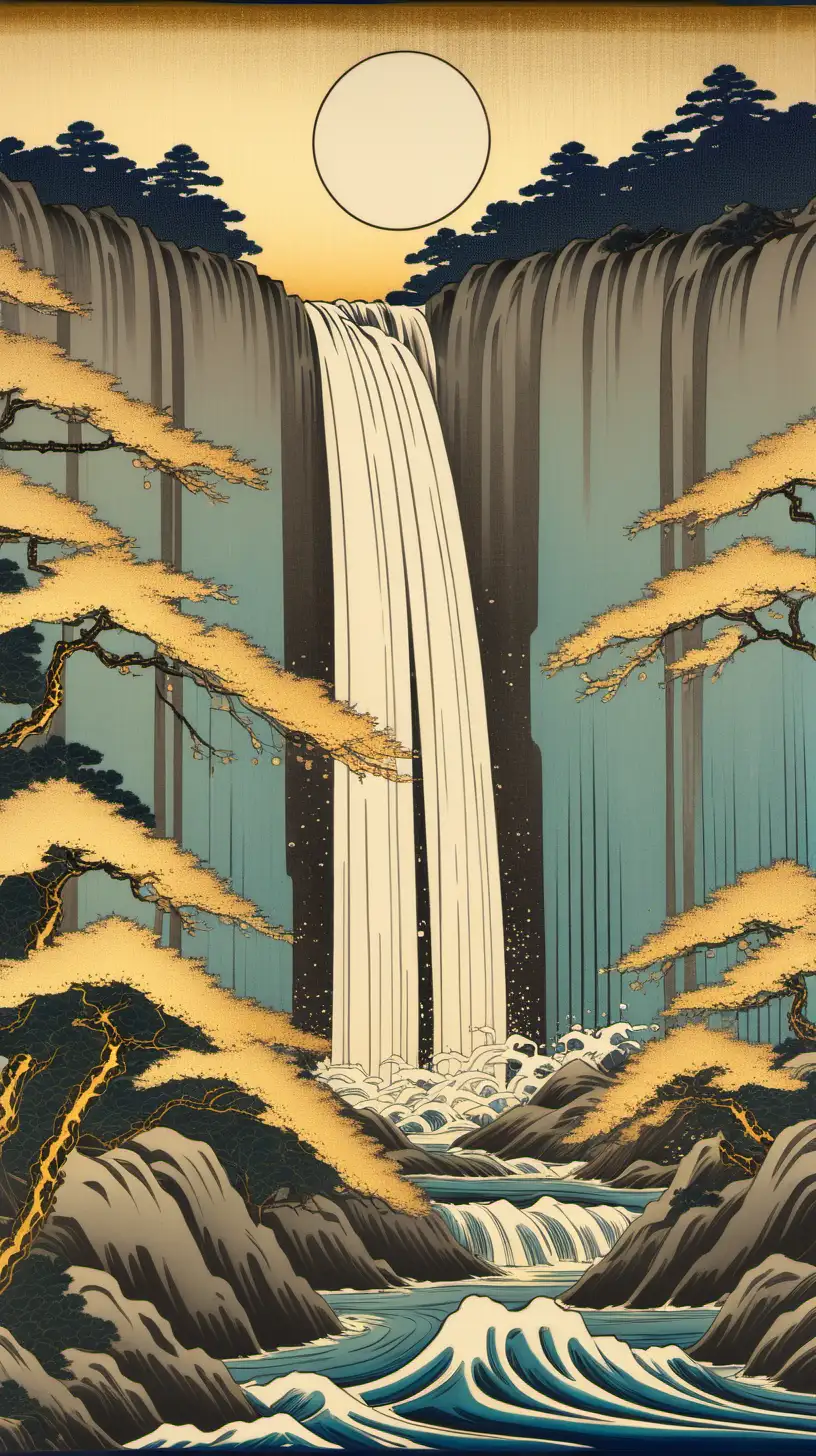 Vintage Shiny Golden Yoro Waterfall Traditional Ukiyoe Artwork