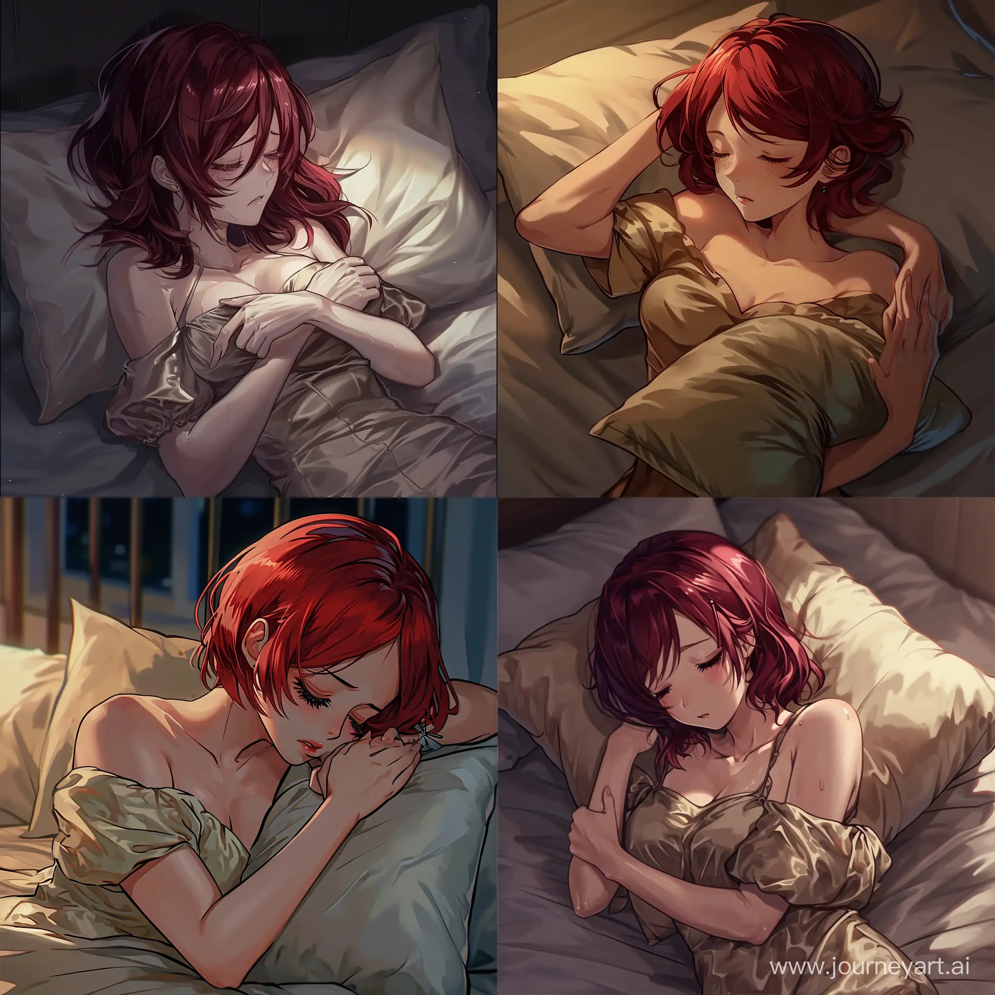 картинка в стиле аниме, девушка 27 лет с рыжими волосами, в шелковой майке с декольте, лежит в кровати ночью, засыпая, она обнимает вторую подушку обеими руками, грустная атмосфера.