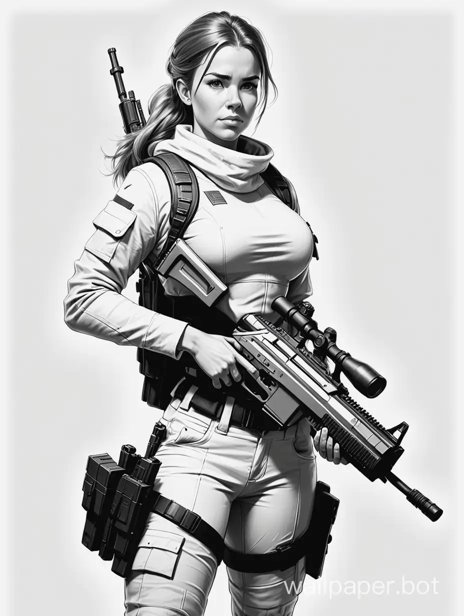 Young Julia Staingruber. Large chest. Narrow waist. Mercenary assassin laser rifle. Scandinavian clothing. White background. Black and white sketch. Full height. Large chest. Narrow waist. Wide hips. Quality 8K. White background. Black and white sketch.