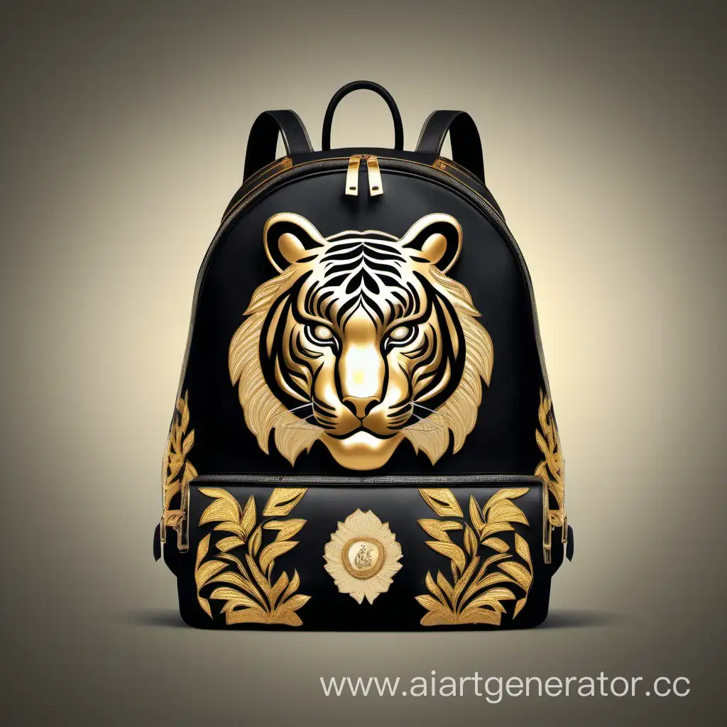 clModern glamor backpack illustration with tiger applique, luxury gold and black color scheme, intricate details, high end fashion, detailed stitching, sleek and elegant design, high quality, modern glamor, luxury color,realistic photo style,scheme, detailed design, high end fashion, elegant, professional lighting